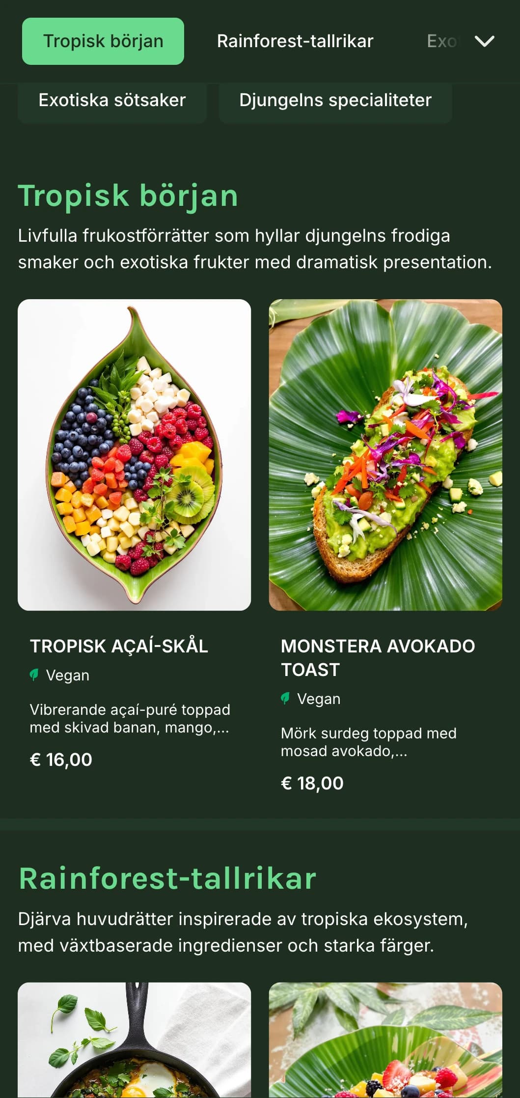 Vibrerande grön mall med tropiska inslag, perfekt för växtbaserade caféer och exotiska brunch-erbjudanden.