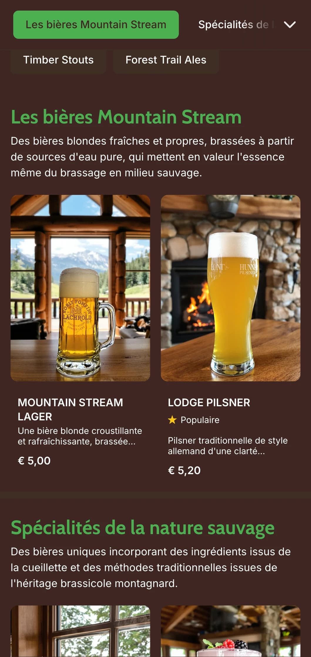 Un design rustique et chaleureux inspiré des chalets de montagne, avec des textures de bois et des éléments de plein air pour les brasseries sur le thème de la nature sauvage.