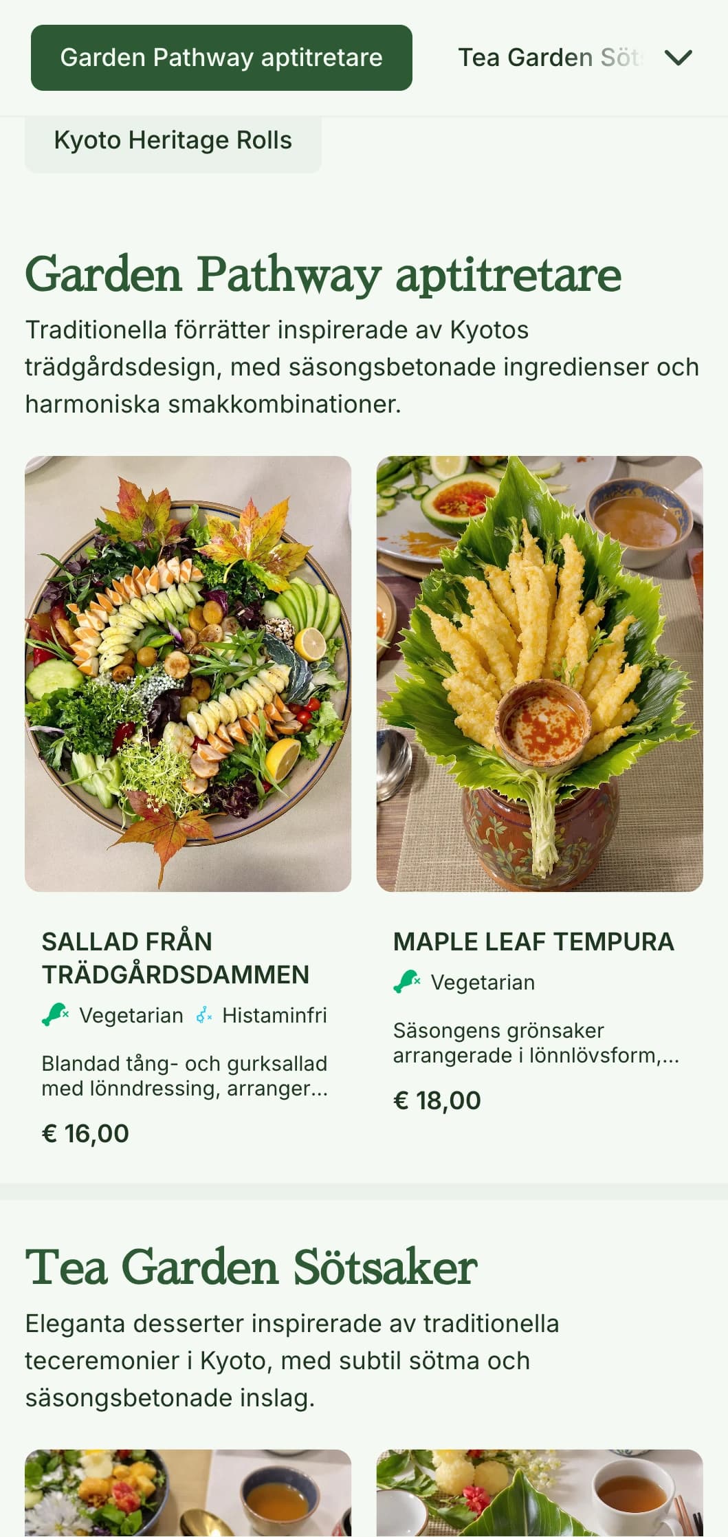 Traditionell japansk trädgårdsinspirerad sushimeny med lugna gröna toner och klassiska inslag.