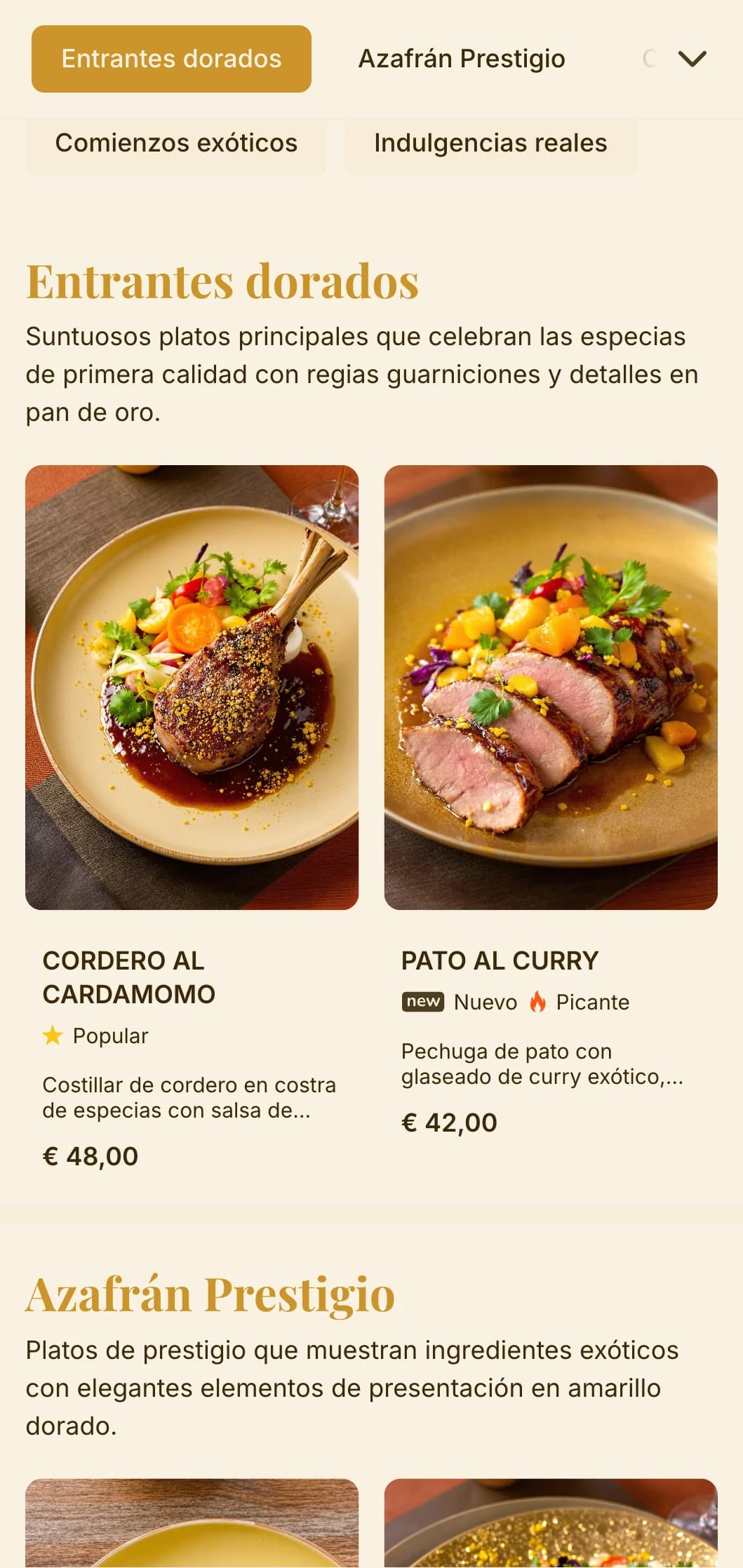 Concepto opulento inspirado en las especias exóticas y las tradiciones gastronómicas reales con ricos tonos dorados y azafrán.