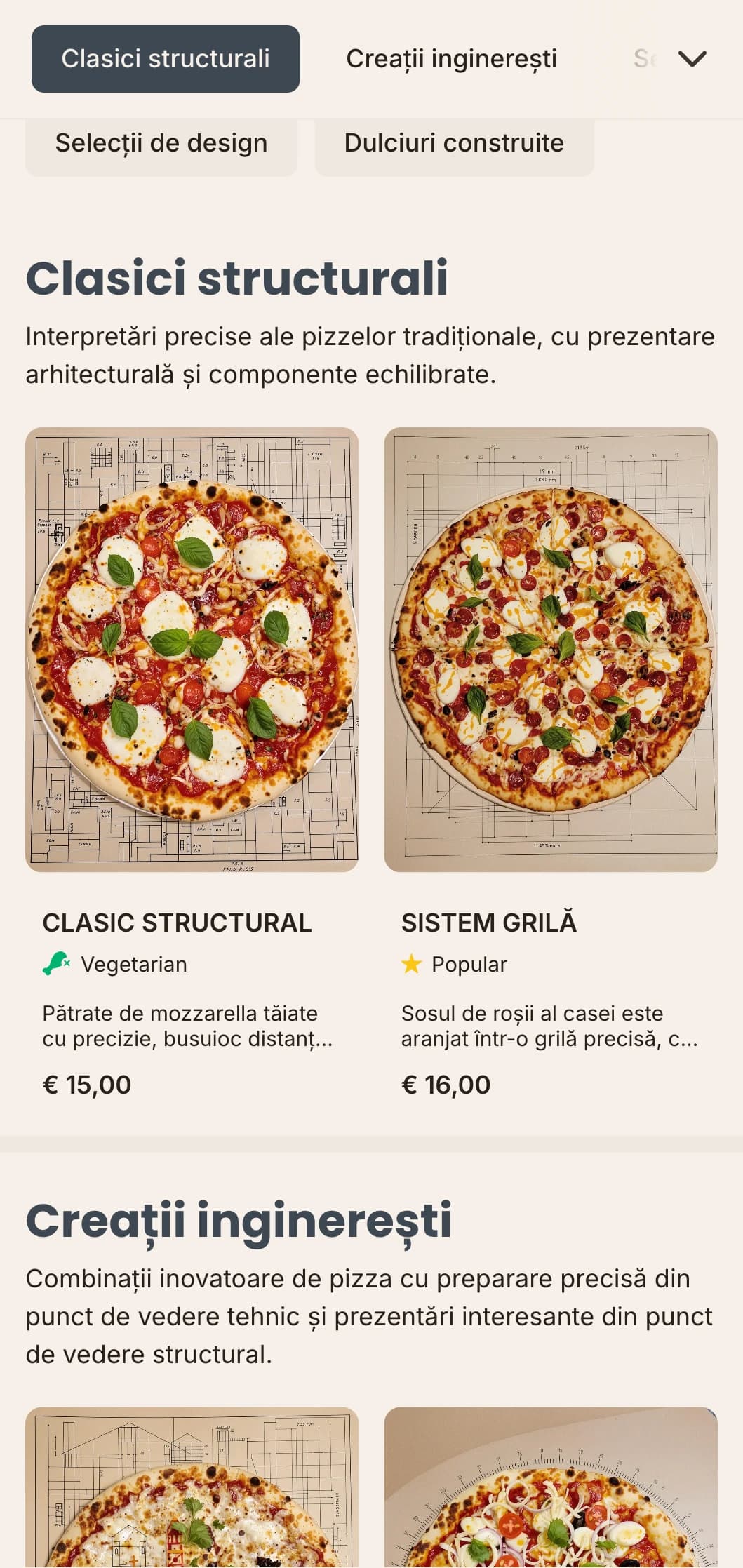 Meniu de pizza de inspirație arhitecturală cu aspect precis și estetică tehnică.