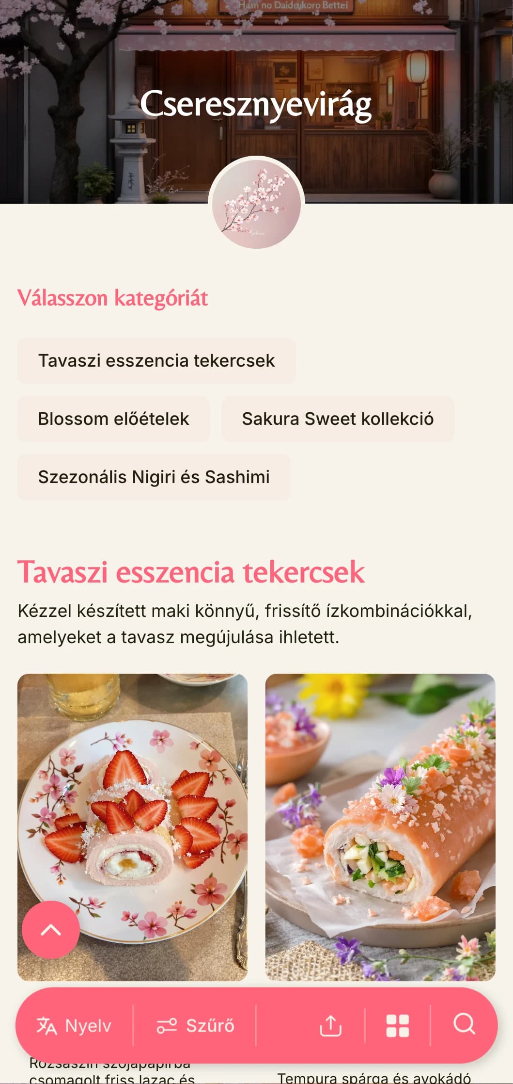 Finom, tavaszi ihletésű sushi menü lágy rózsaszínű cseresznyevirág akcentusokkal a meleg krémszínű háttér előtt.