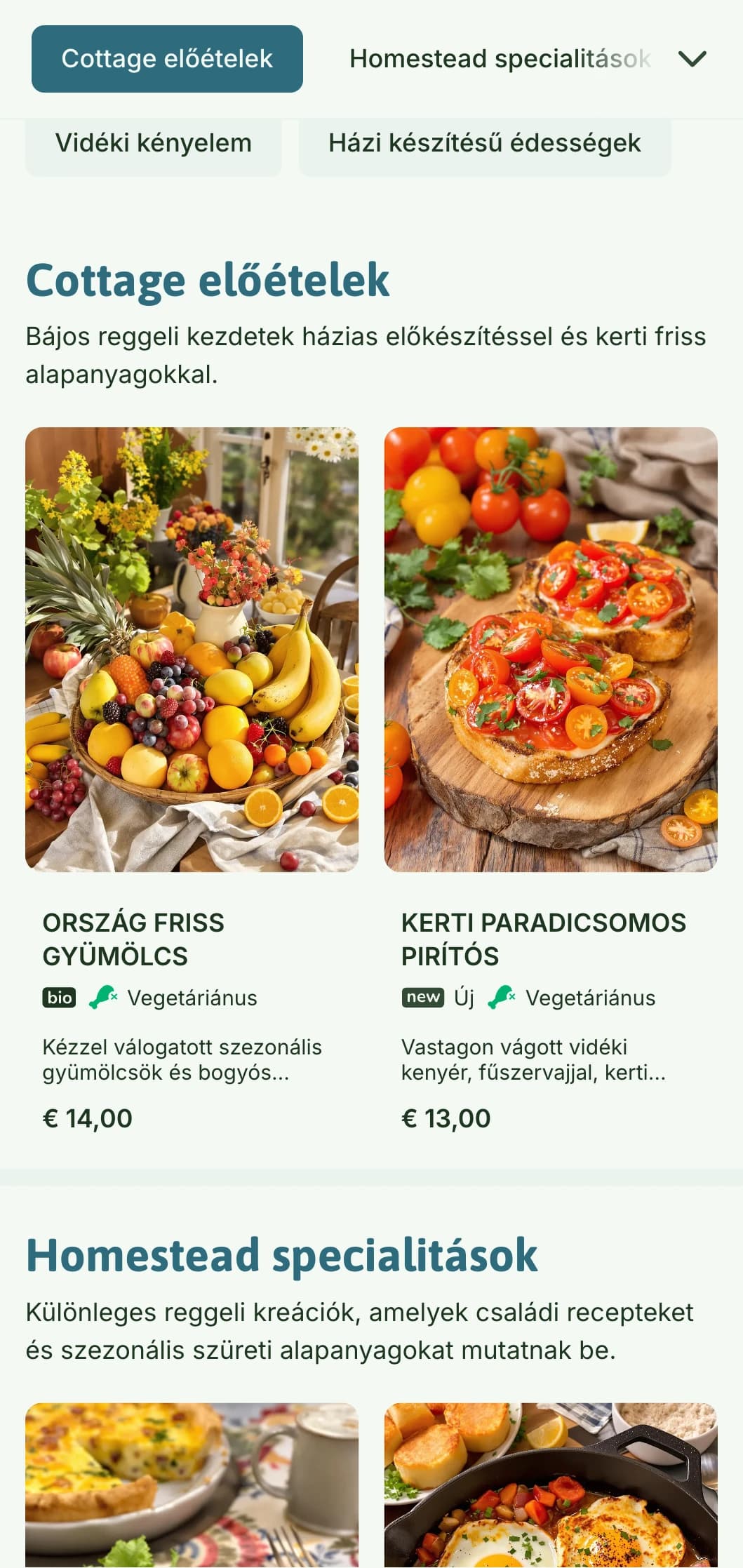 Házias reggeli ételek friss vidéki alapanyagokkal és bájos megjelenítéssel, hangulatos reggeli élményt nyújtva.