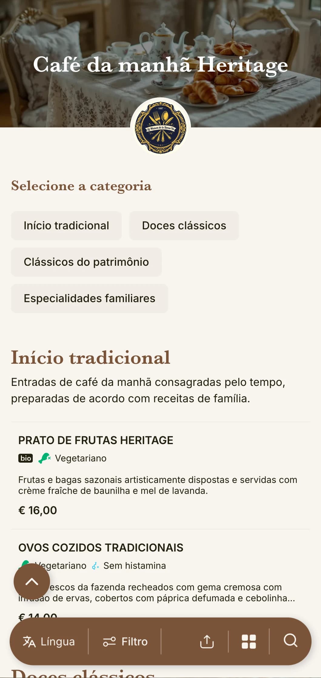 Seleções tradicionais de café da manhã inspiradas em receitas familiares atemporais e técnicas culinárias clássicas.