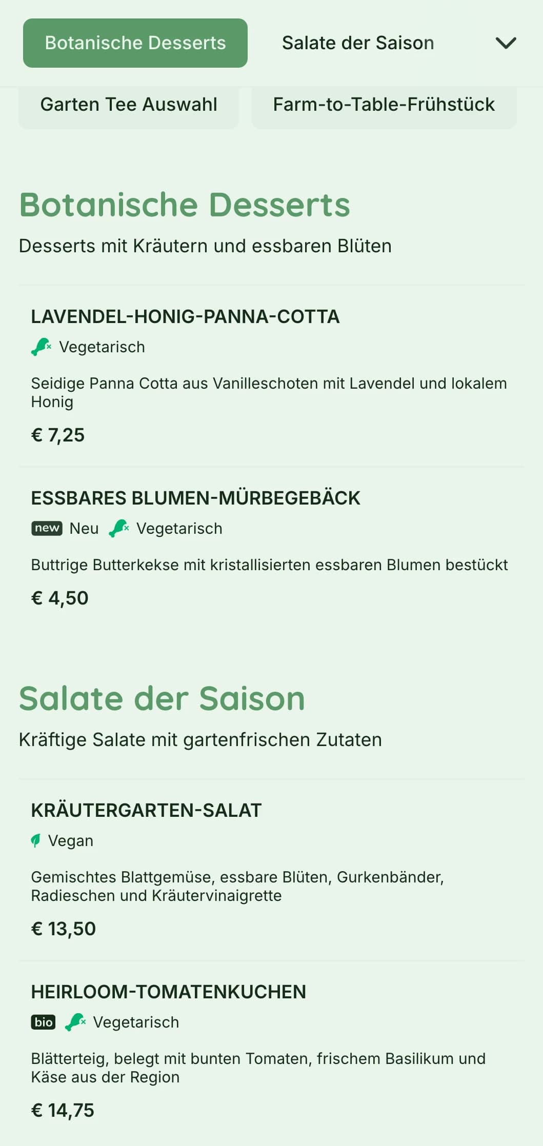 Lebendiges grünes Design mit botanischen Elementen für Gartencafés und Bio-Lokale.