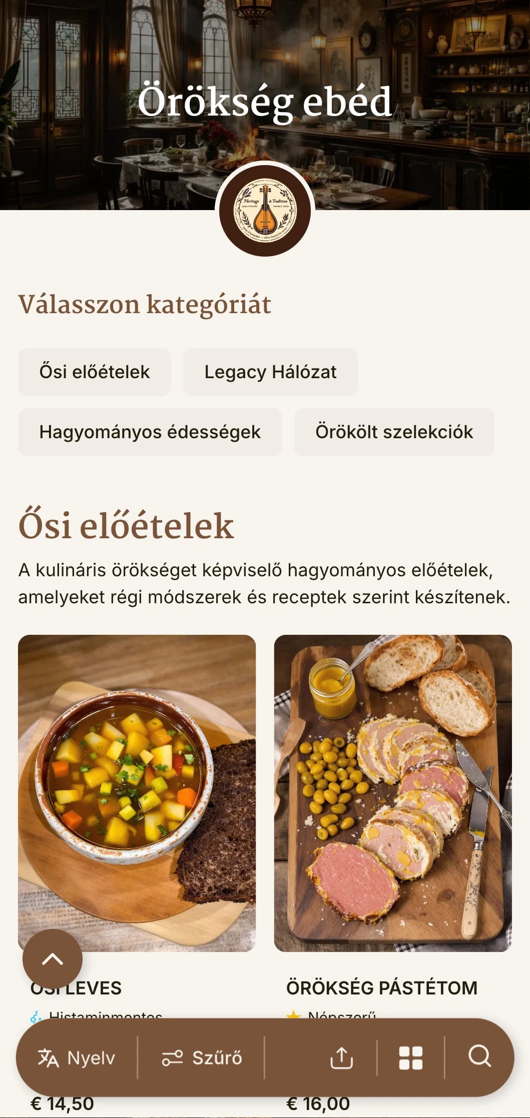 Hagyományos, örökségi ihletésű ebédmenü design történelmi elemekkel és időtlen tipográfiával, tökéletes a műemlék éttermek és kulturális jelentőségű létesítmények számára.