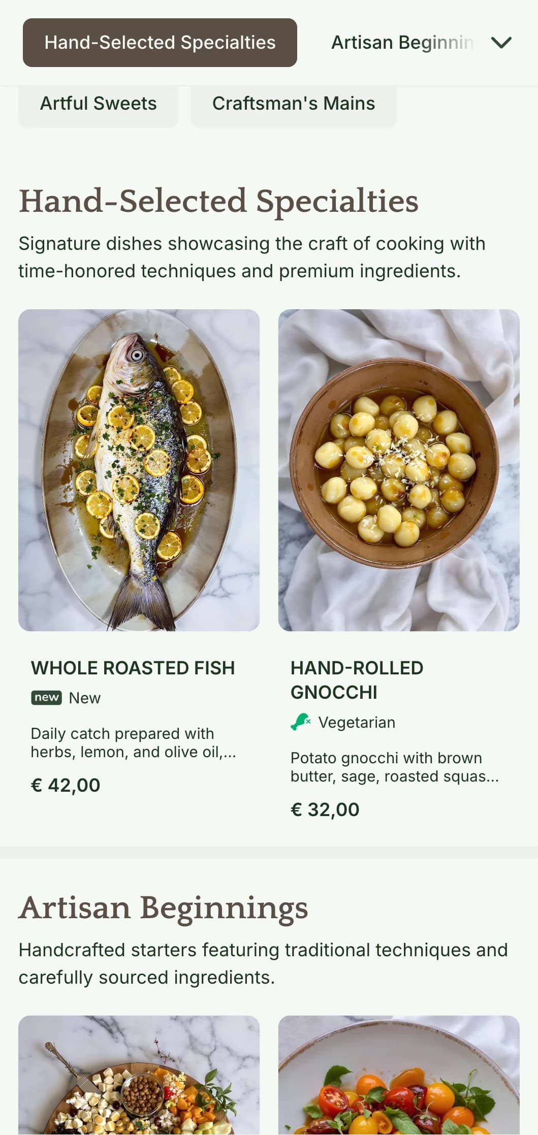 A warm, artisanal dinner menu featuring craft-inspired design elements and earthy tones, perfect for restaurants focusing on handcrafted cuisine.