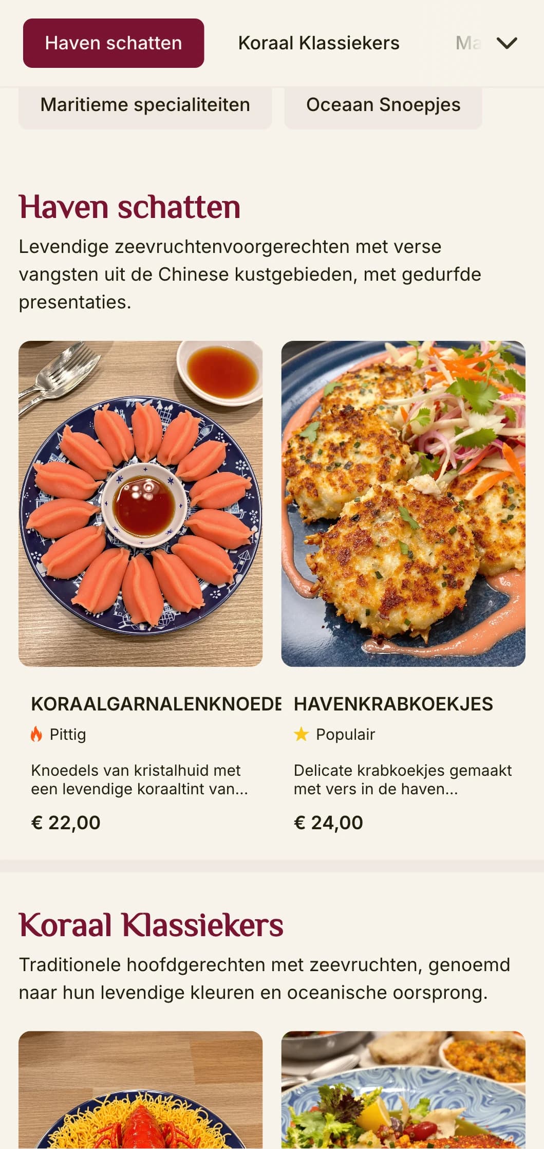 Levendig Chinees menu-ontwerp geïnspireerd door koraal en havenesthetiek, met felle kleuren voor visrestaurants.