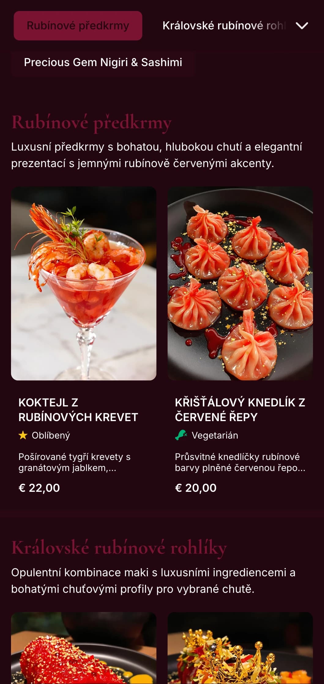Sytě červené menu sushi inspirované luxusními rubínovými tóny pro prémiové restaurace asijské fúze.