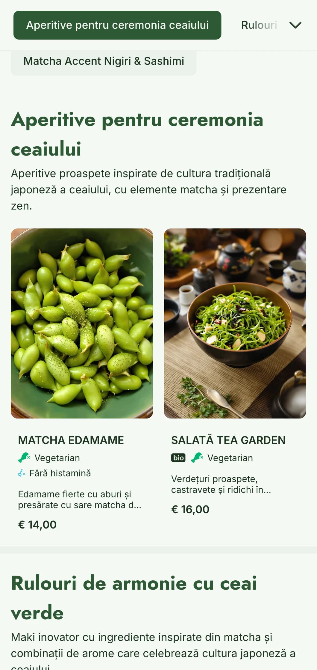 Meniu sushi contemporan, cu tonuri vibrante de verde matcha, pentru localuri inspirate de ceai și preocupate de sănătate.