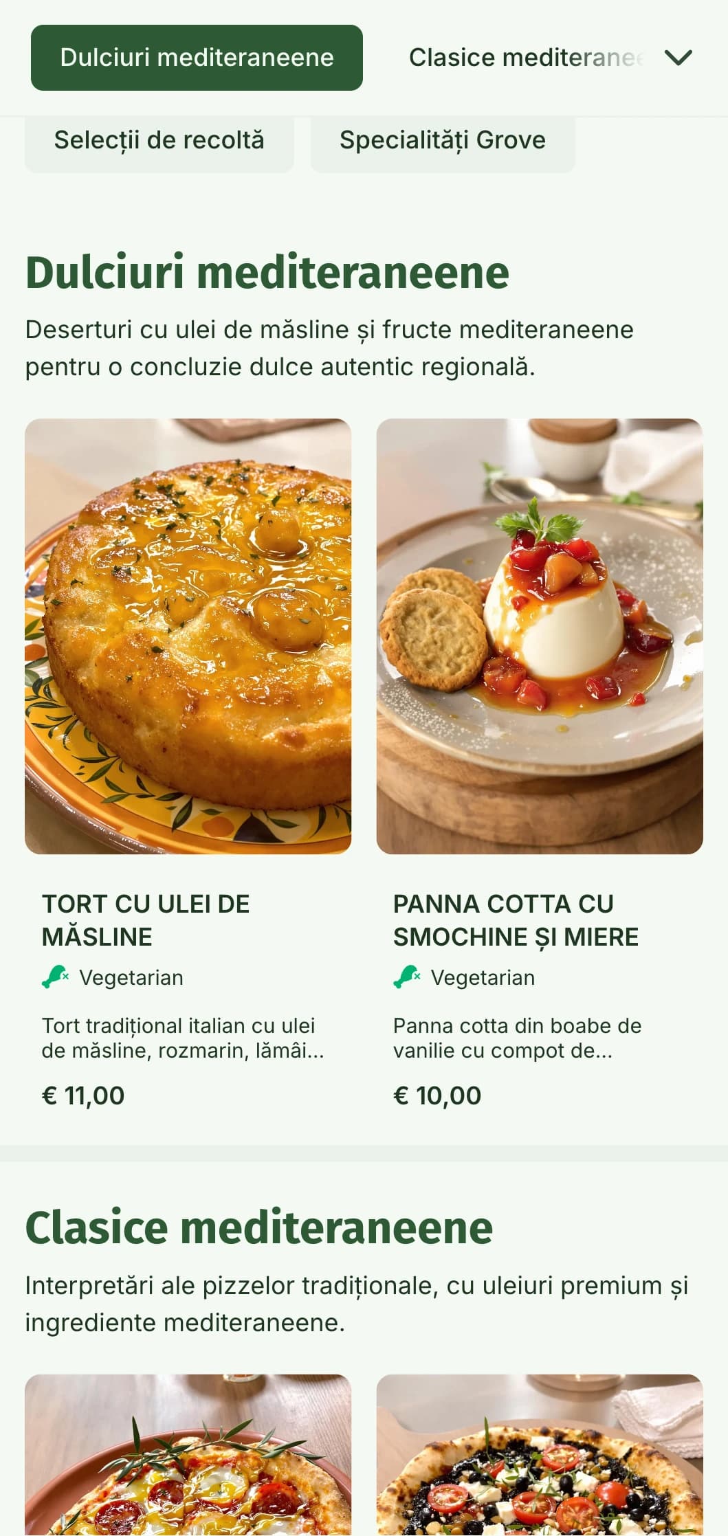 Meniu de pizza mediteranean inspirat de măsline, care pune accentul pe uleiul de măsline și ingredientele naturale.