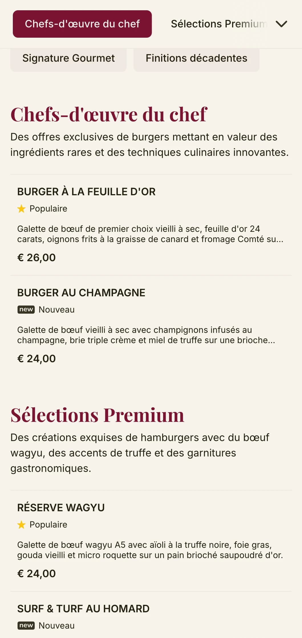 Un restaurant de burgers haut de gamme avec une typographie de qualité et une palette de couleurs riche pour une expérience de burgers haut de gamme.
