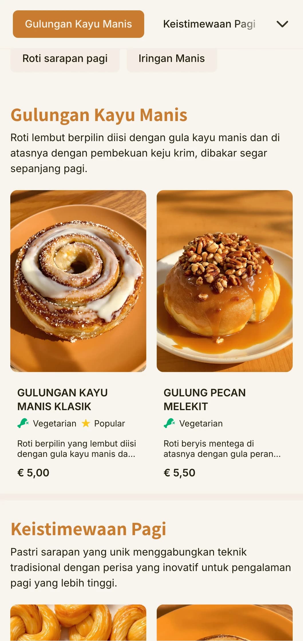 Reka bentuk menu bakeri yang menarik dan menarik dengan ton oren-coklat dan tipografi yang mesra, sesuai untuk kedai gulung kayu manis dan pakar pastri pagi.