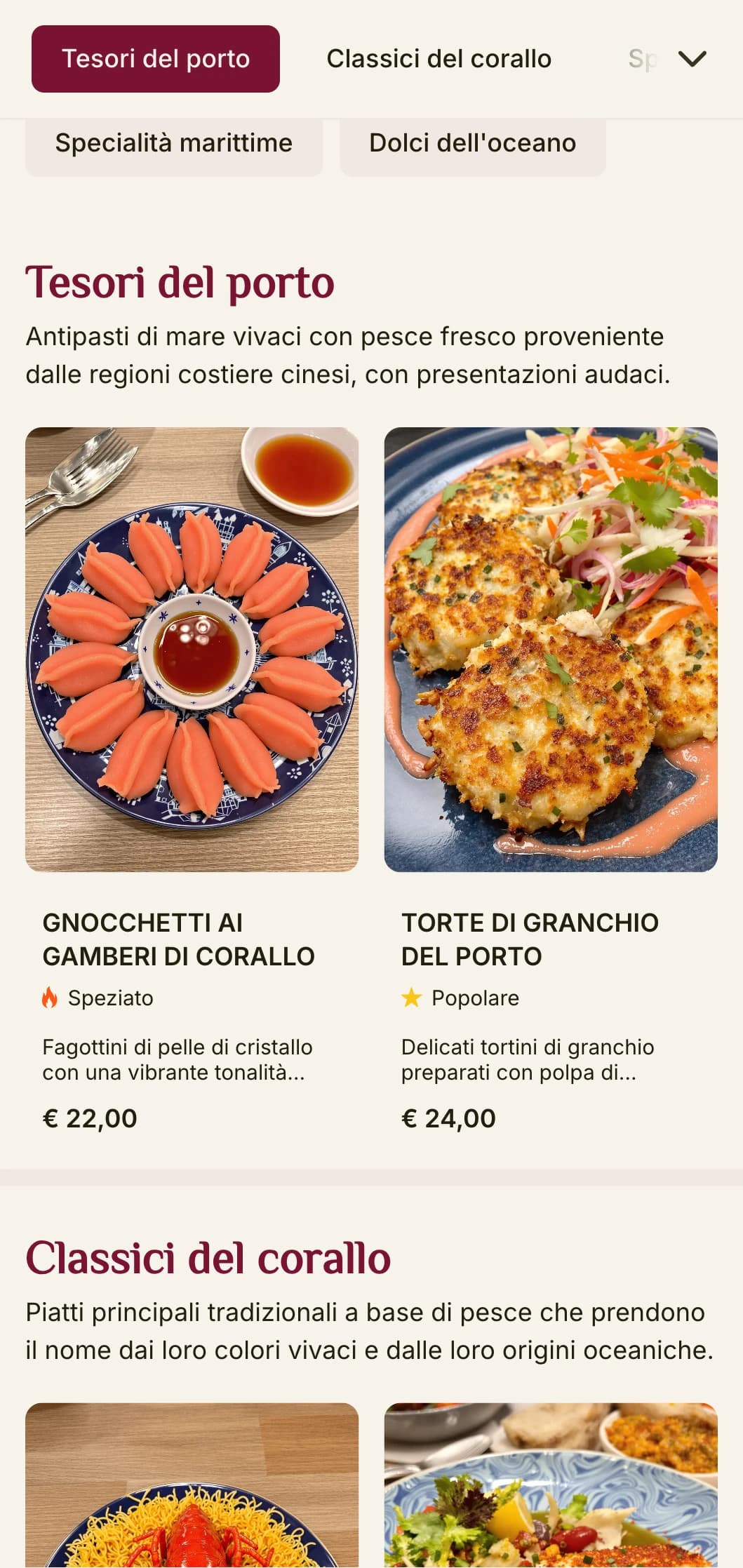 Vibrante design di menu cinese ispirato all'estetica del corallo e del porto, con colori vivaci per i ristoranti di pesce.