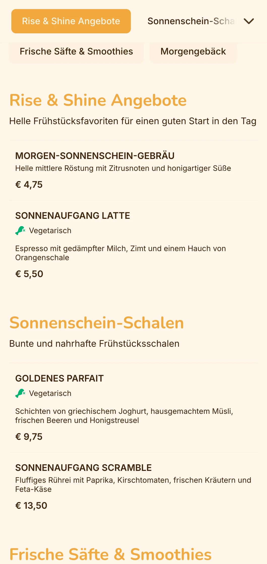 Fröhliches Design in Gelb und Orange mit sonnigen Elementen für Frühstückslokale und Brunch-Lokale.