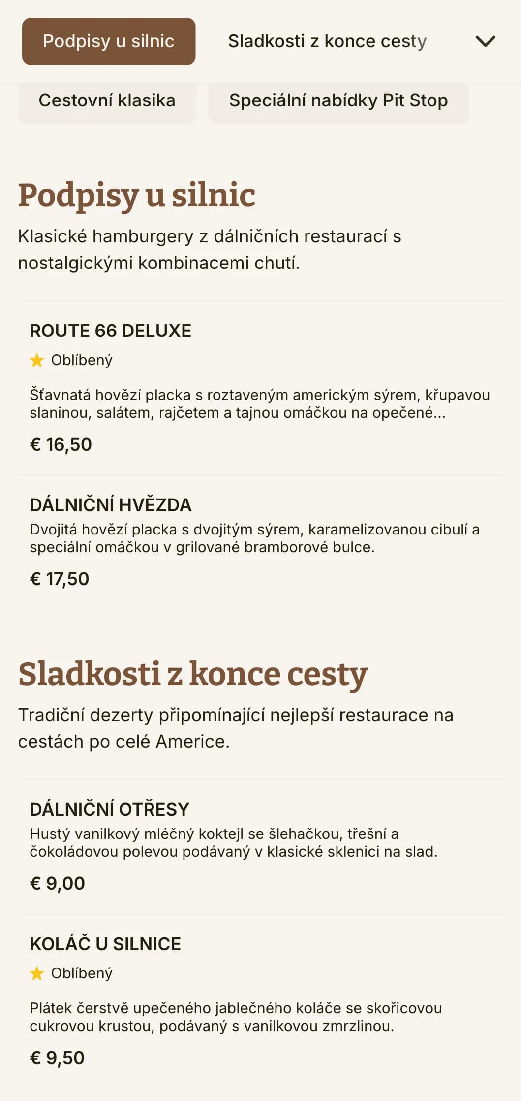 Burgerová restaurace inspirovaná dálnicemi s historickými dopravními značkami a nostalgií klasických amerických roadtripů.