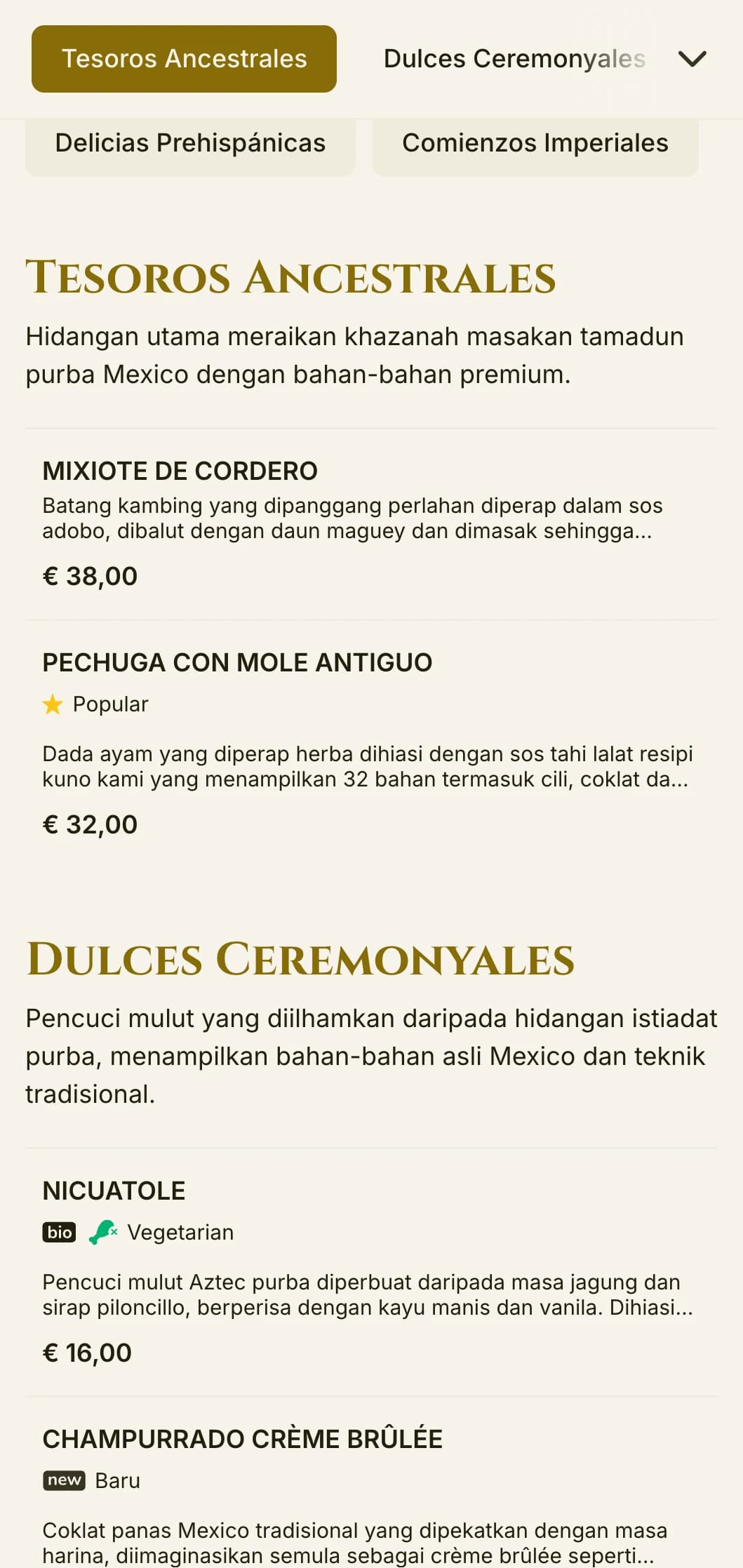 Menu elegan yang diilhamkan oleh budaya Aztec purba yang menampilkan aksen emas mewah, simbolisme bersejarah dan hidangan tradisional premium pada kulit gading.