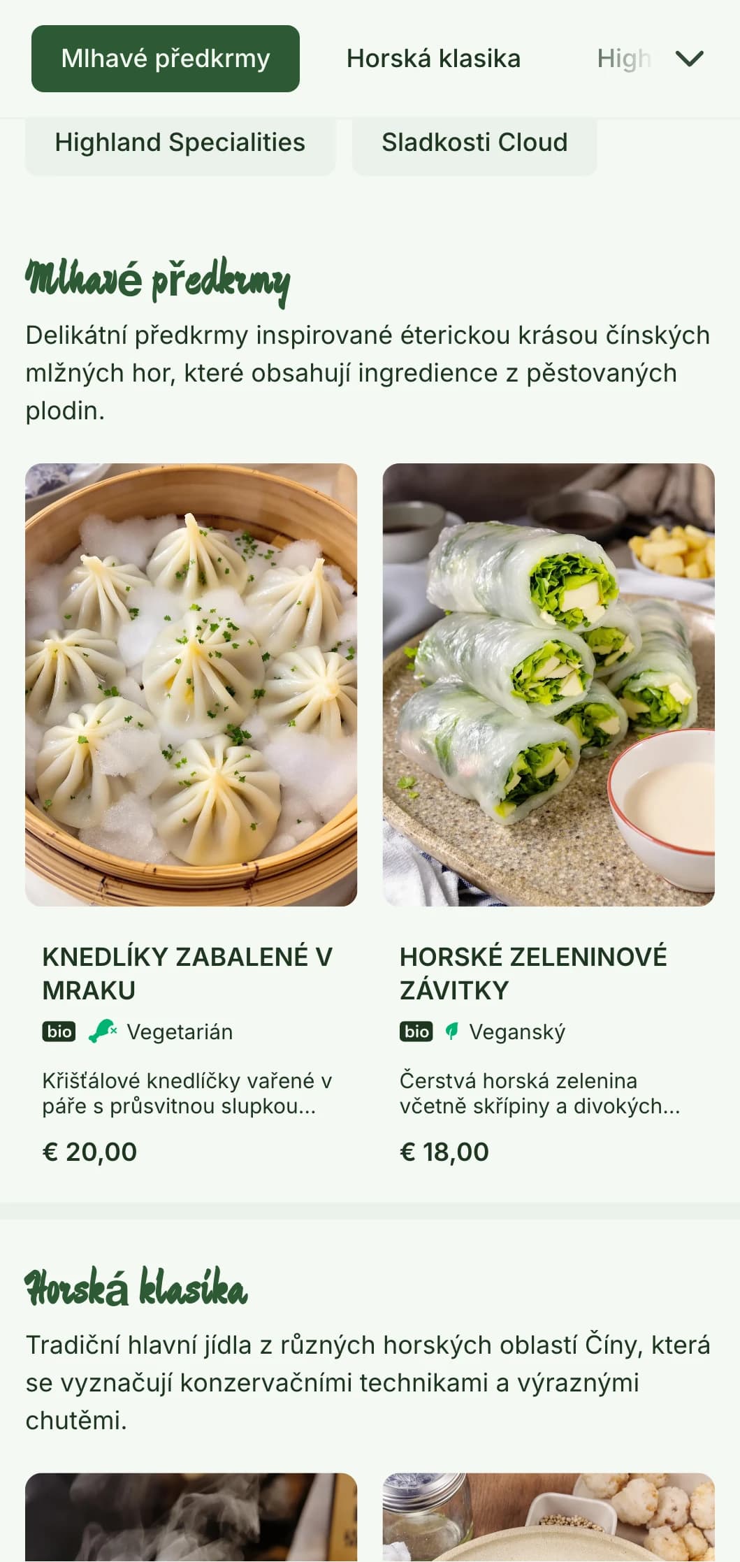 Klidný design čínského menu inspirovaný horskou krajinou a mlžnou estetikou pro restaurace zaměřené na regionální kuchyni.