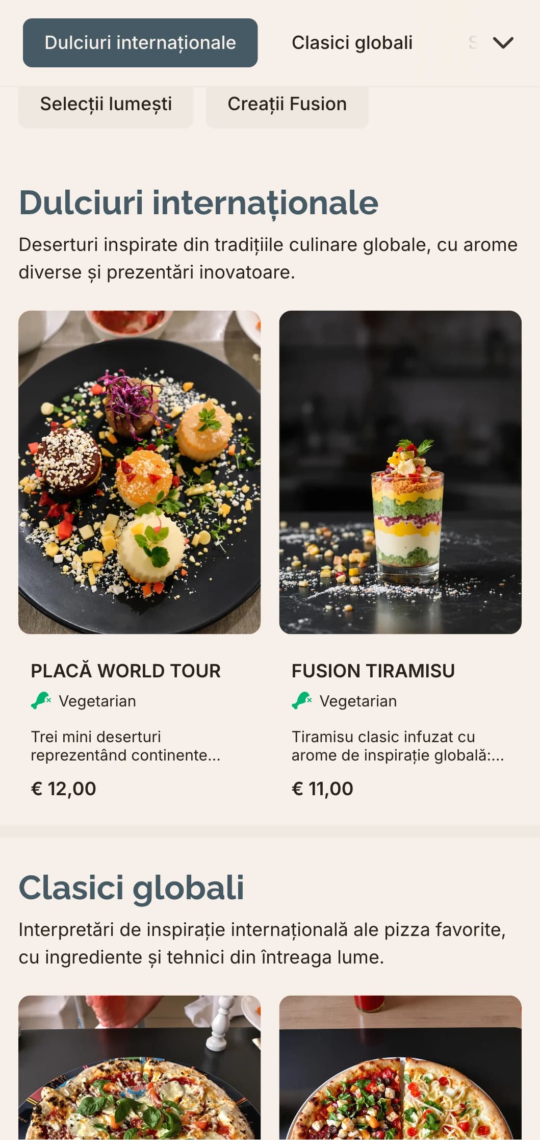 Meniu global de pizza fusion cu design contemporan pentru combinații inovatoare de arome.