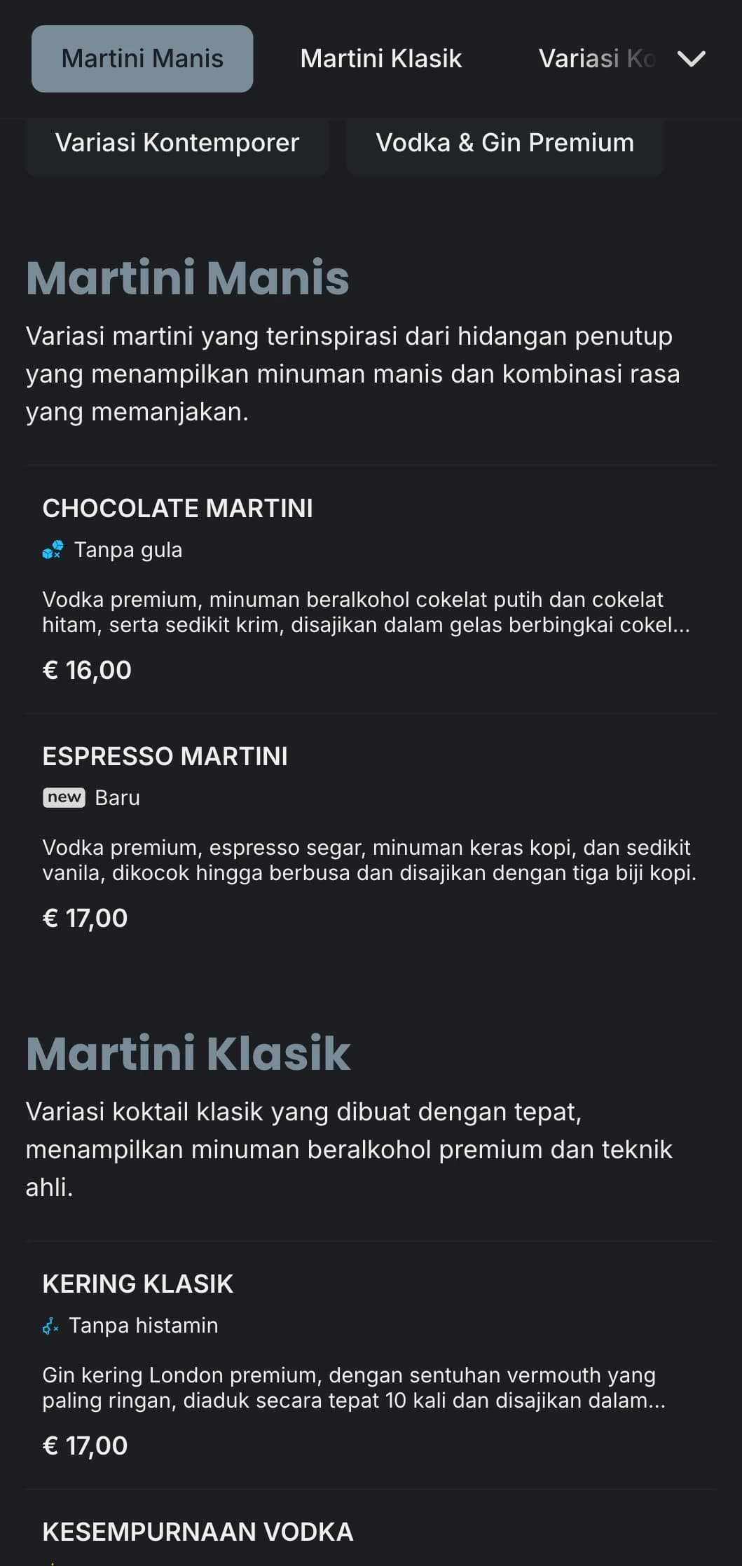 Desain menu urban yang canggih untuk bar dan lounge martini dengan tipografi yang ramping dan warna abu-abu yang sejuk.