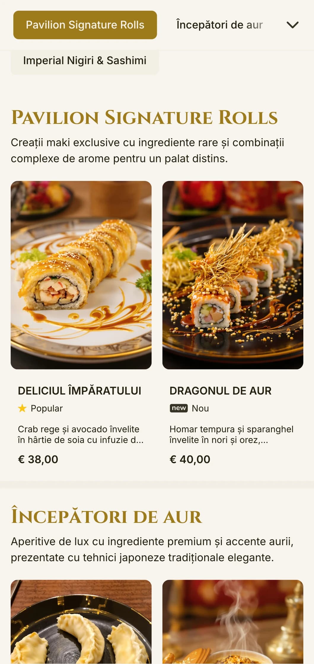 Meniu sushi luxos cu accente aurii, inspirat de faimosul templu din Kyoto, cu tipografie elegantă și elemente tradiționale.