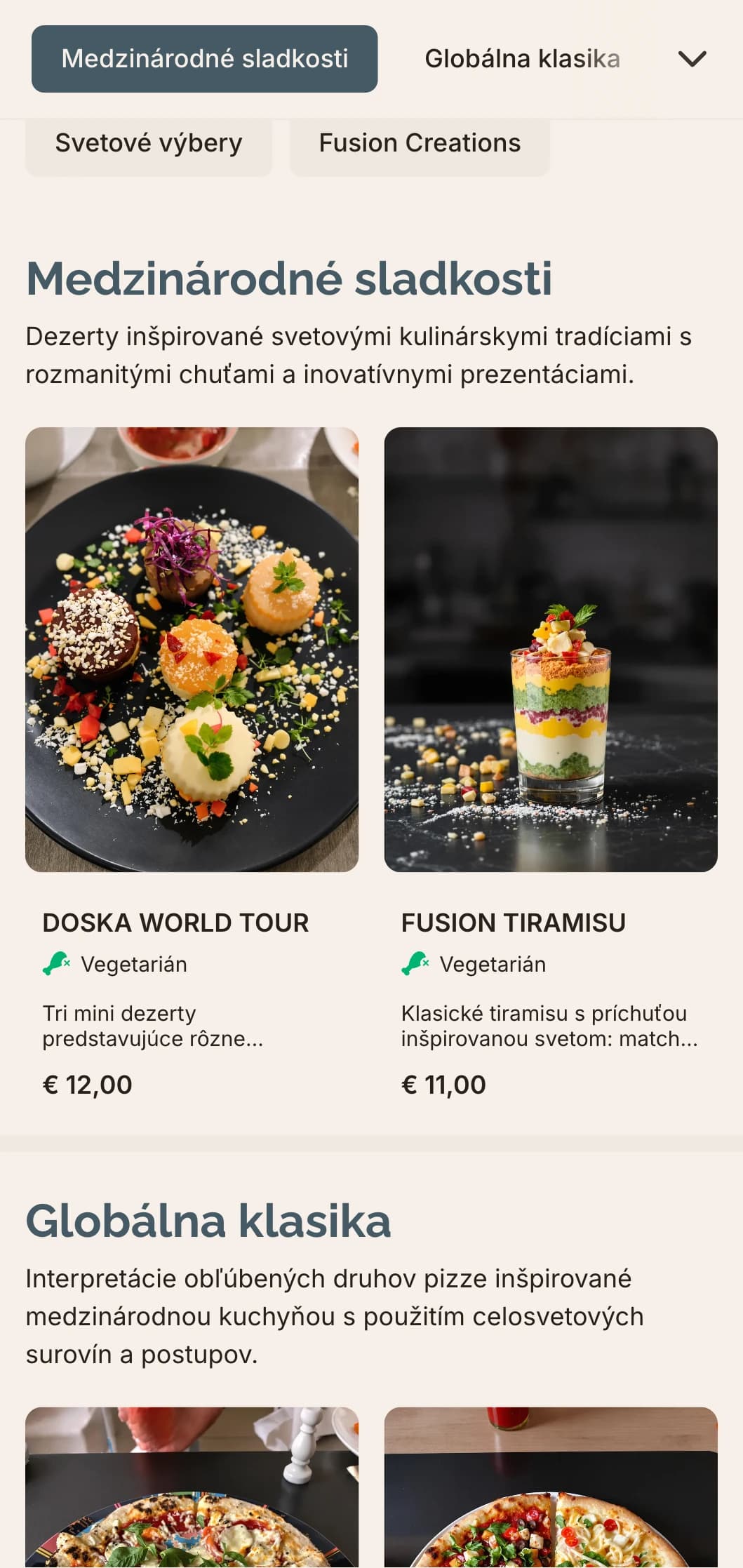 Ponuka pizze Global Fusion s moderným dizajnom pre inovatívne kombinácie chutí.