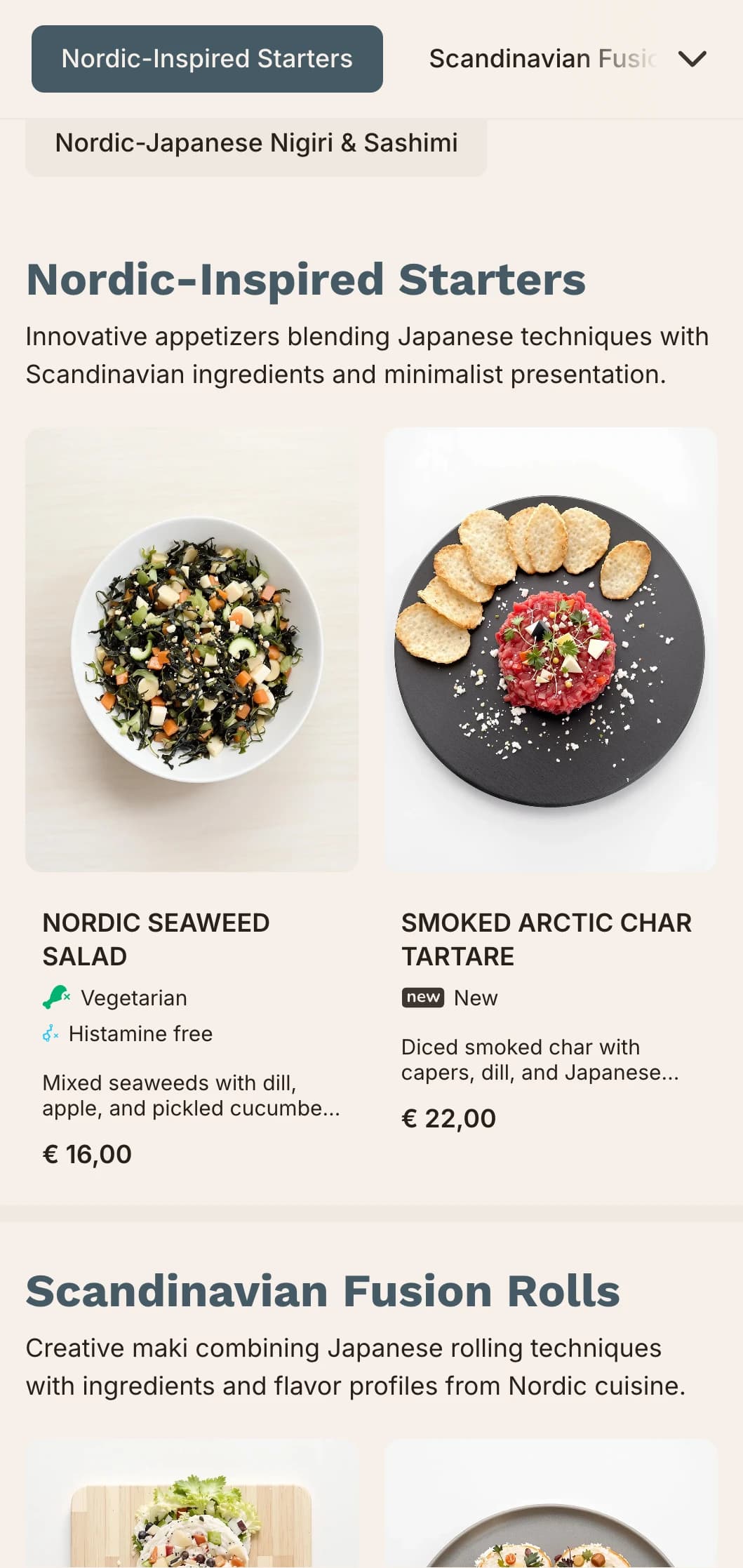 Contemporary fusion sushi menu combining Japanese traditions with Scandinavian minimalism, featuring clean lines and muted blues.