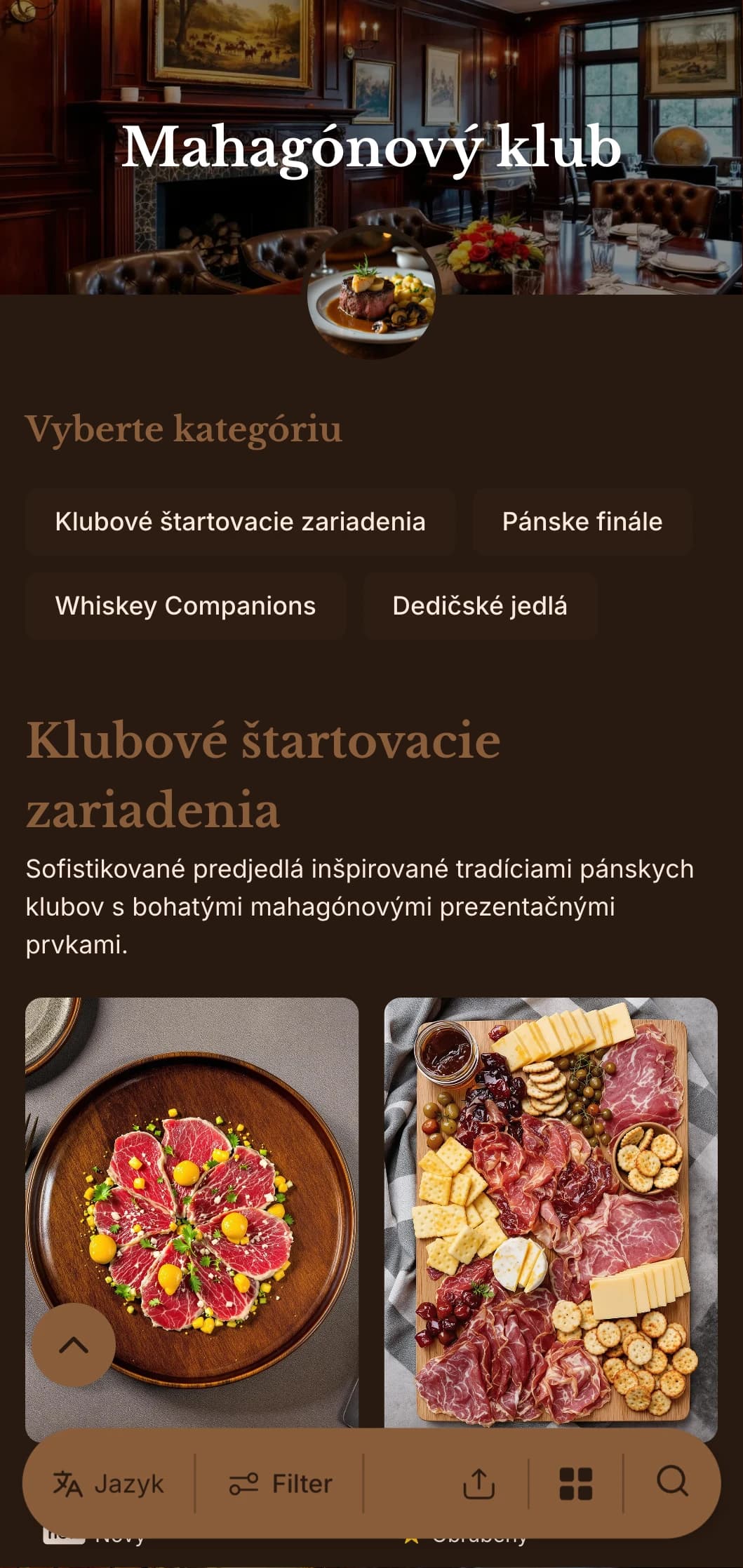 Sofistikovaný koncept inšpirovaný pánskym klubom s bohatými tónmi dreva a tradičnými luxusnými prvkami.