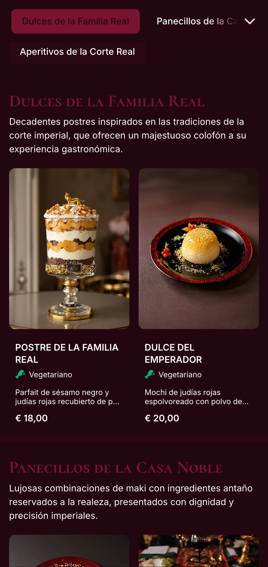 Lujoso menú de sushi tradicional con toques imperiales en rojo y dorado para una experiencia gastronómica de primera.