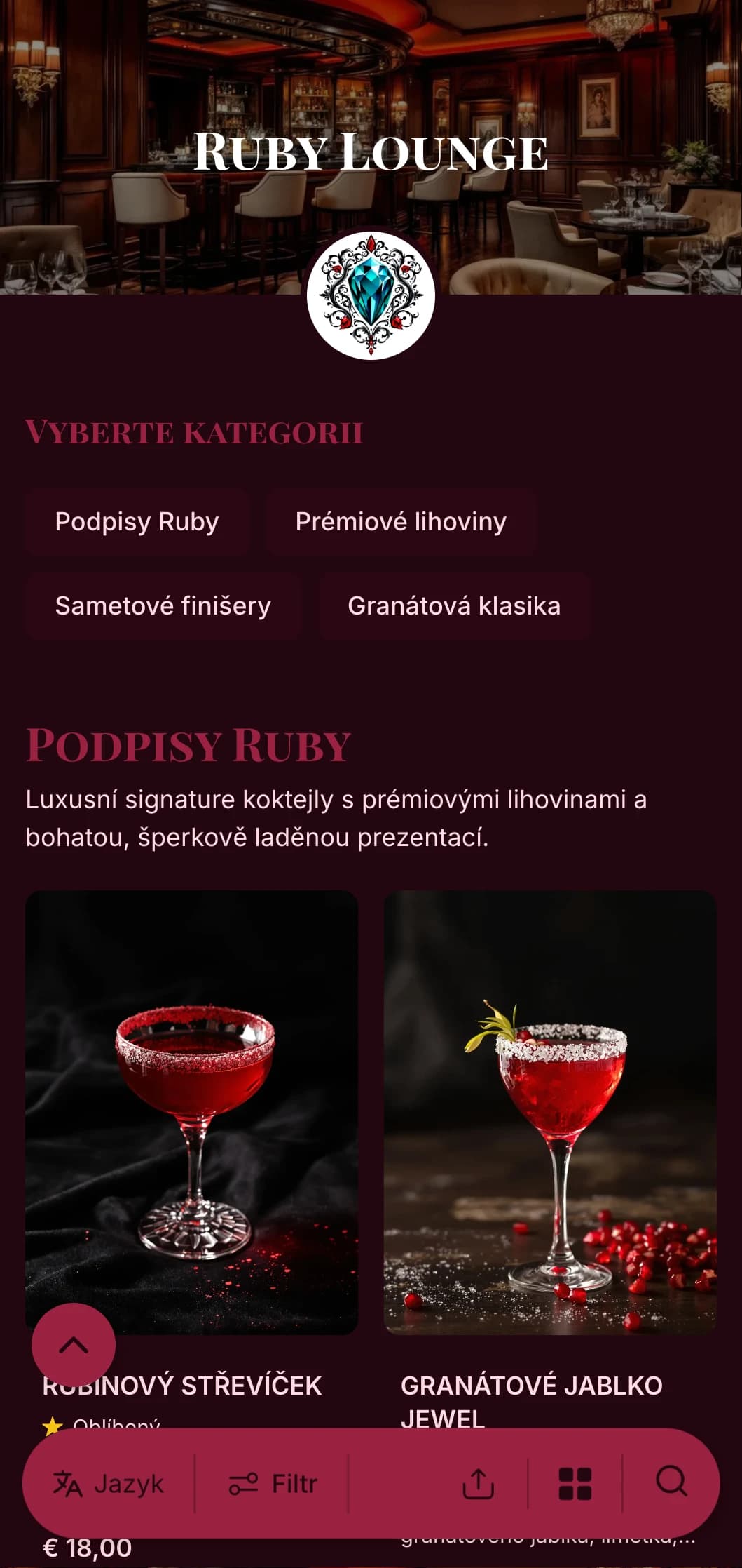 Luxusní design v barvách drahokamů pro luxusní koktejlové bary a salónky s bohatými rubínovými akcenty a elegantní typografií.