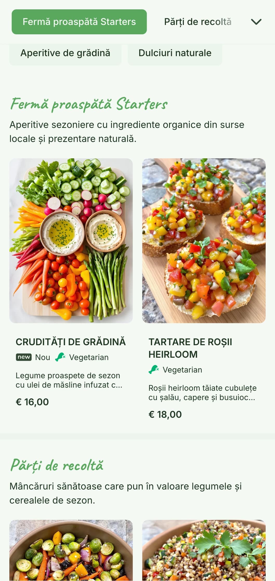 Catering proaspăt de la fermă la masă cu ingrediente organice de sezon, frumos prezentate cu elemente naturale pentru petreceri în grădină și evenimente în aer liber.