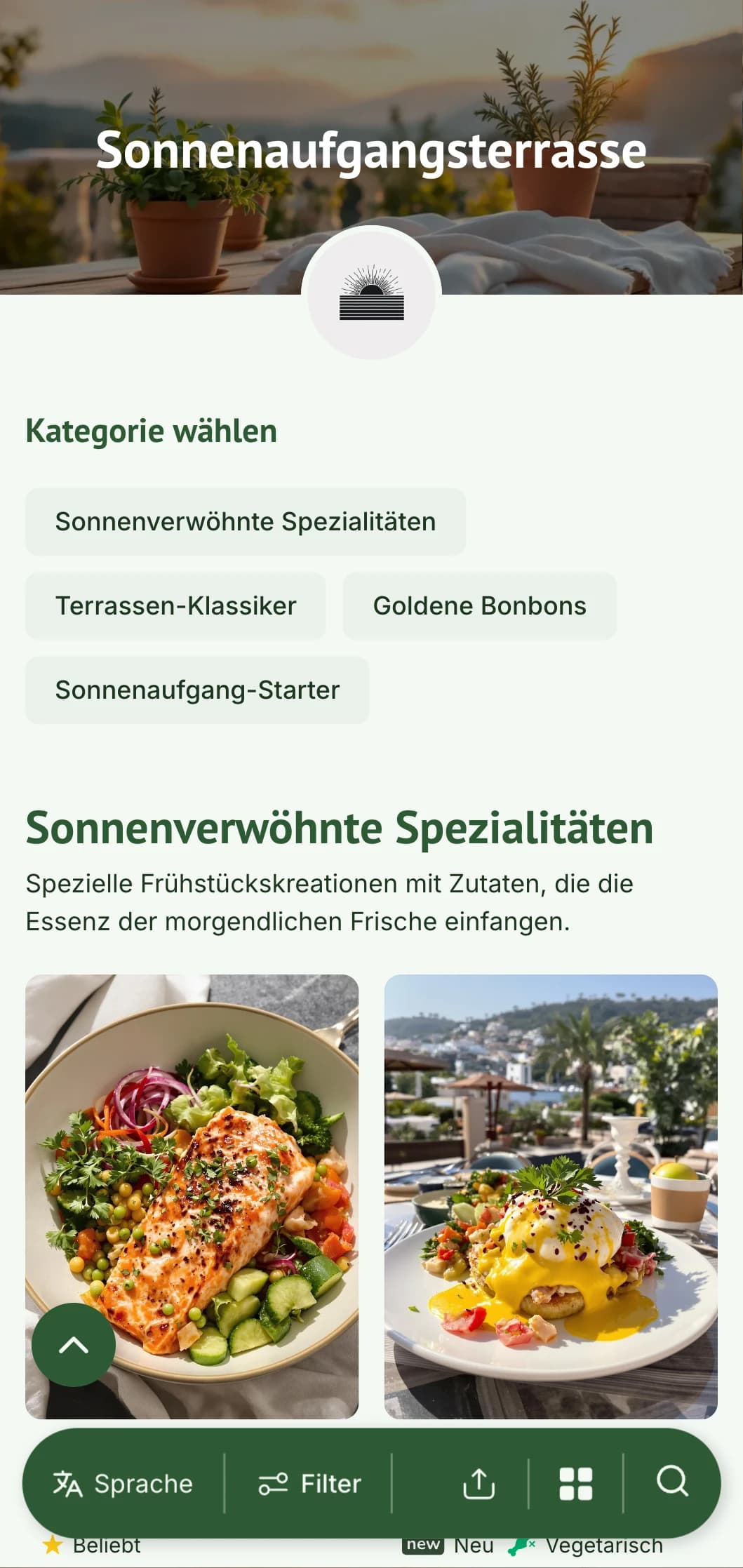 Ein helles, erfrischendes Frühstücksmenü, das mit frischen, saisonalen Zutaten für das morgendliche Essen im Freien konzipiert wurde.
