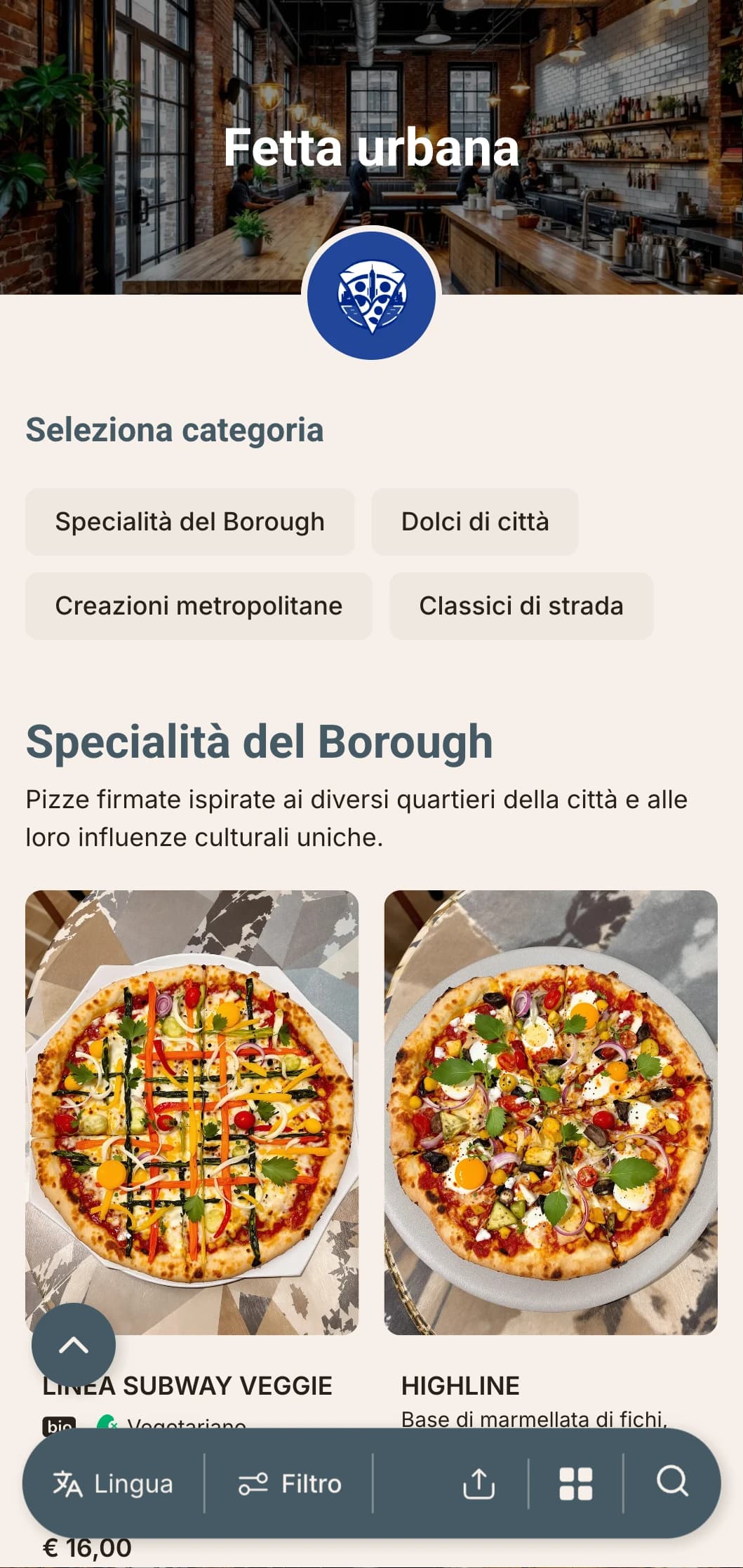 Menu pizza urbano contemporaneo con elementi di design industriale, perfetto per le pizzerie del centro città.