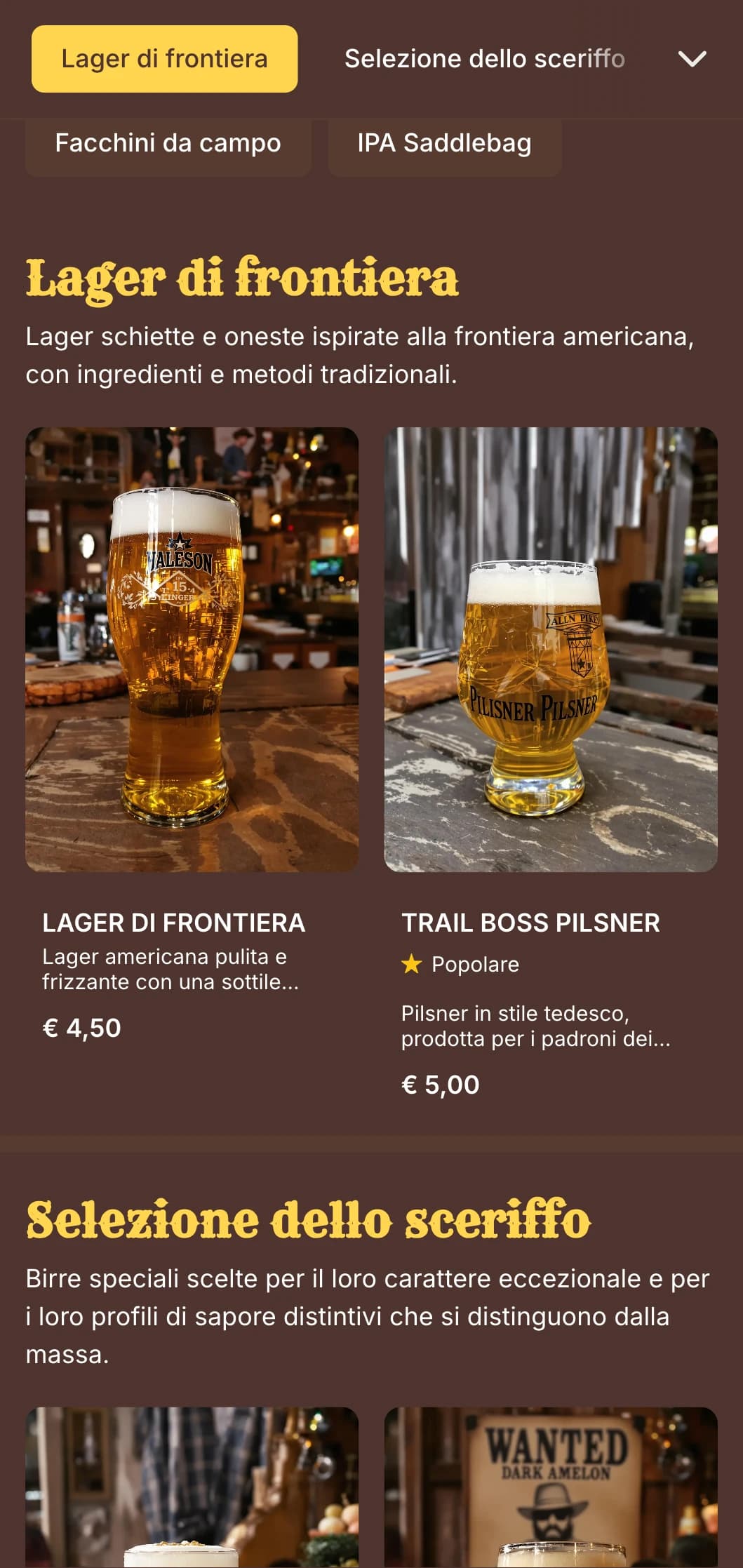 Design ispirato alla frontiera, con texture e tipografia western, perfetto per bar in stile saloon e brewpub tematici.