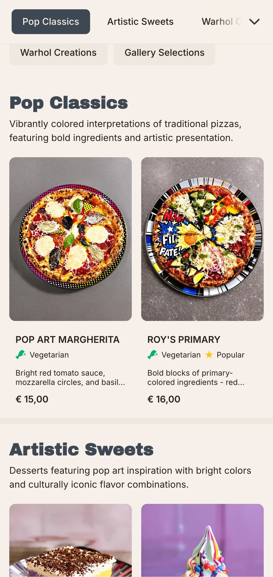 Andy Warhol inspired pizza menu with pop art elements and retro-modern aesthetic.