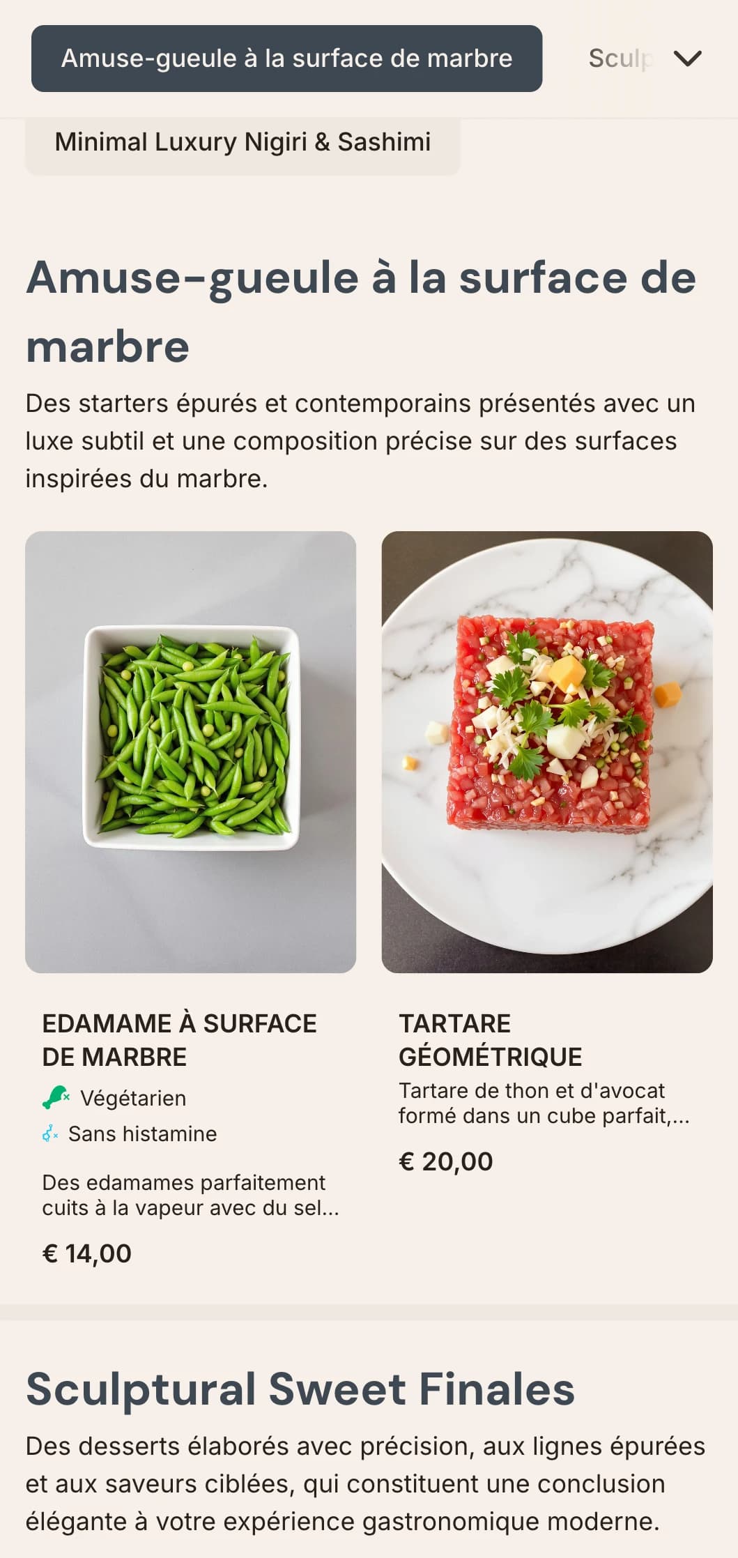 Luxueuse carte de sushis contemporaine, avec de subtiles textures de marbre et un design minimaliste et épuré.