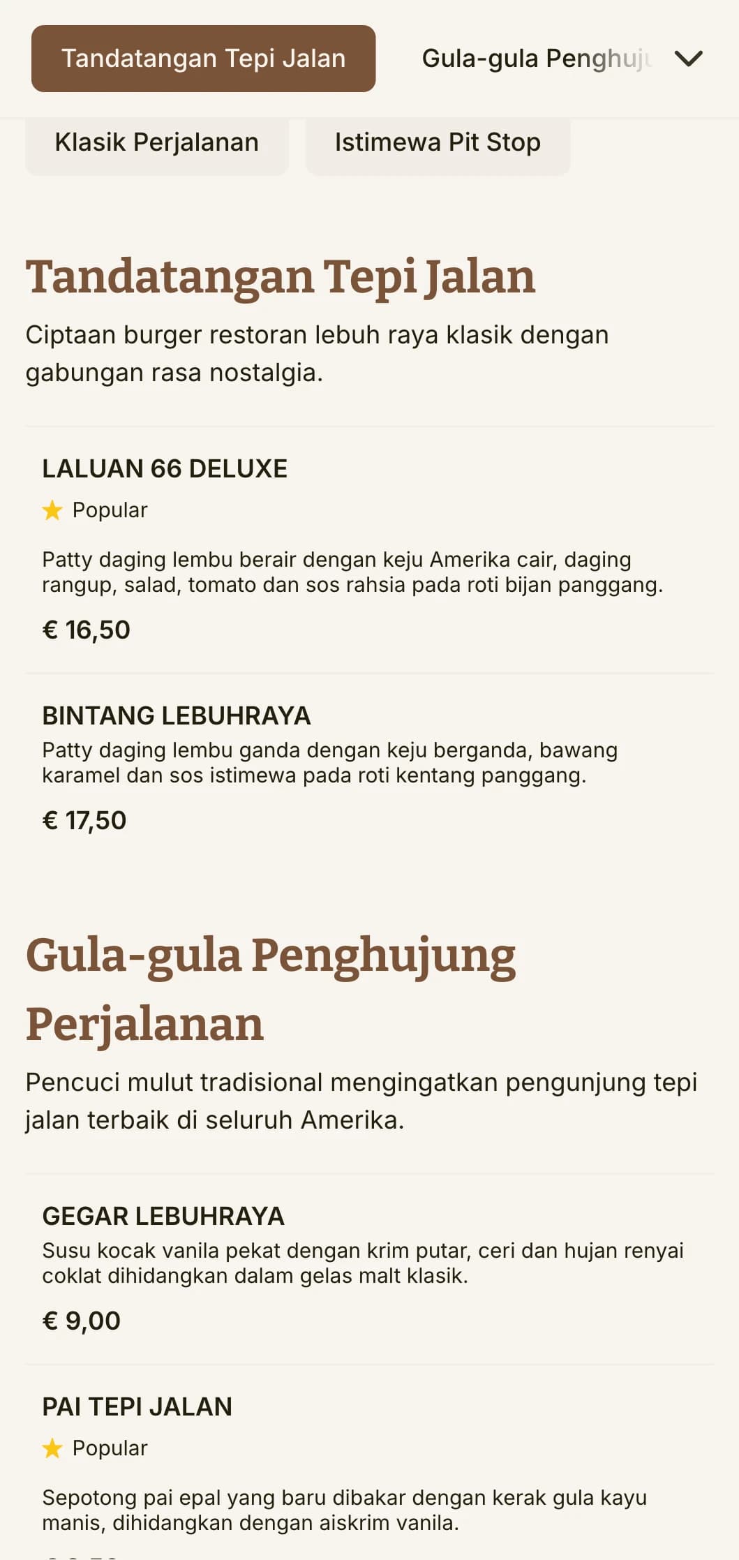 Kedai burger berinspirasikan lebuh raya dengan papan tanda jalan vintaj dan nostalgia perjalanan jalan raya Amerika klasik.