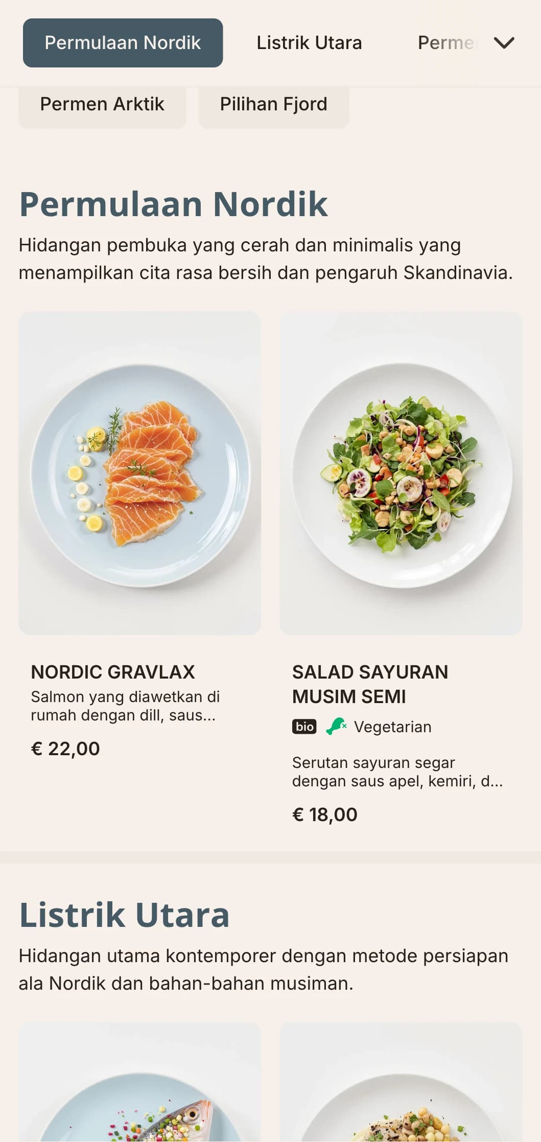 Menu makan malam yang cerah dan bersih dengan pengaruh Skandinavia dan aksen biru pucat, cocok untuk hidangan yang terinspirasi dari Nordik.