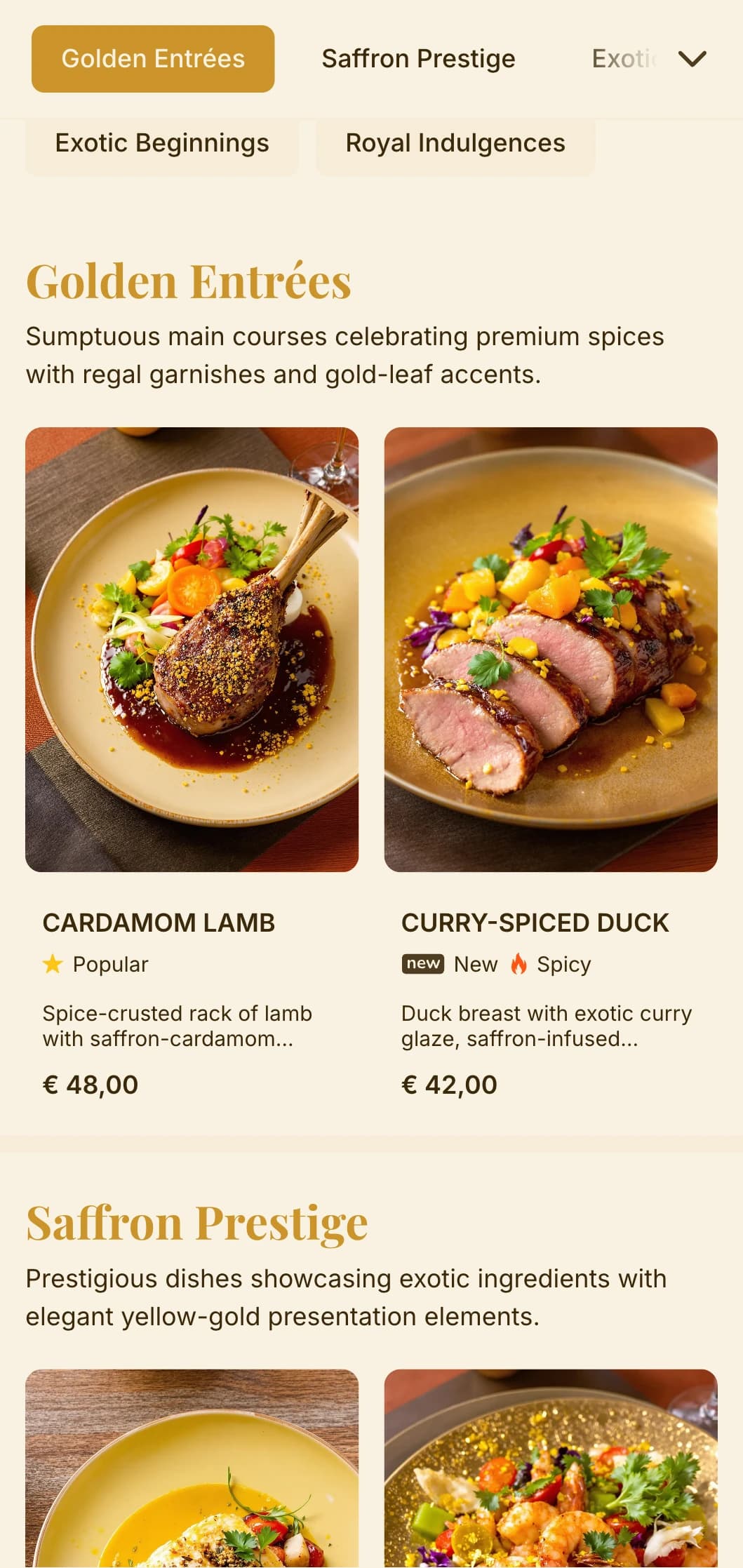 Opulent concept inspired by exotic spices and royal dining traditions with rich gold and saffron tones.