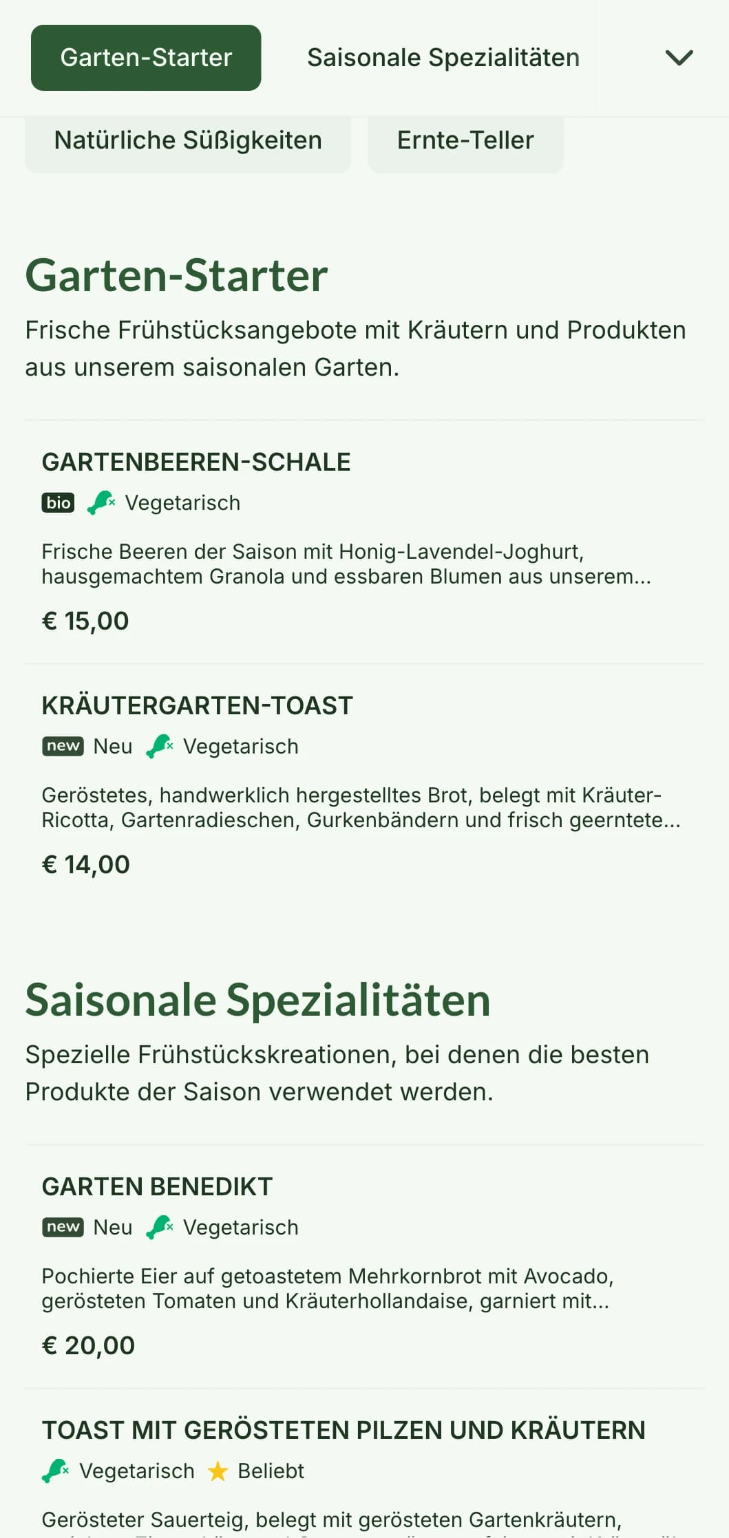 Von der Natur inspirierte Frühstücksgerichte mit saisonalen Produkten und Bio-Zutaten in einer erfrischenden Präsentation.
