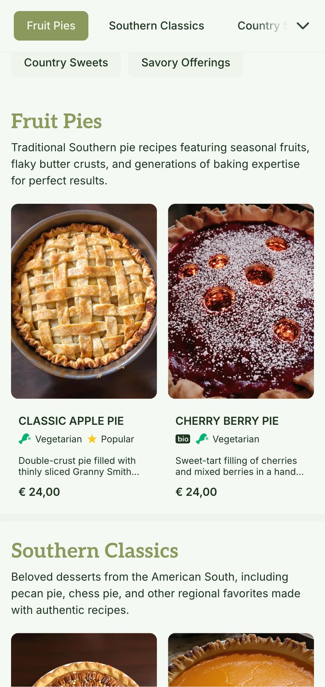 A warm, Southern-inspired bakery menu design with olive tones and traditional typography, perfect for pie shops and Southern-style bakeries.