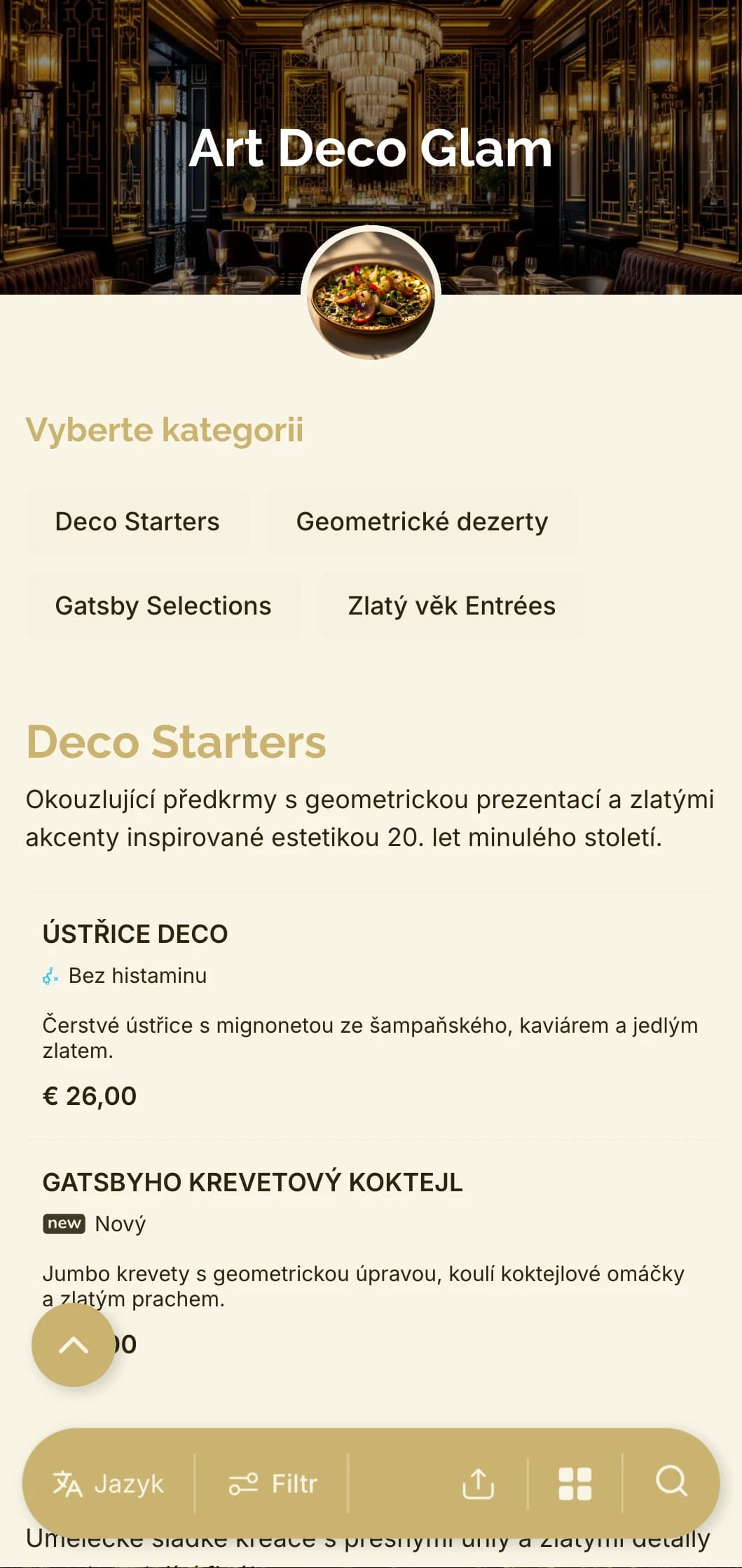 Okouzlující design inspirovaný dvacátými léty minulého století s geometrickými vzory a zlatými akcenty pro nadčasové, ale moderní stolování.