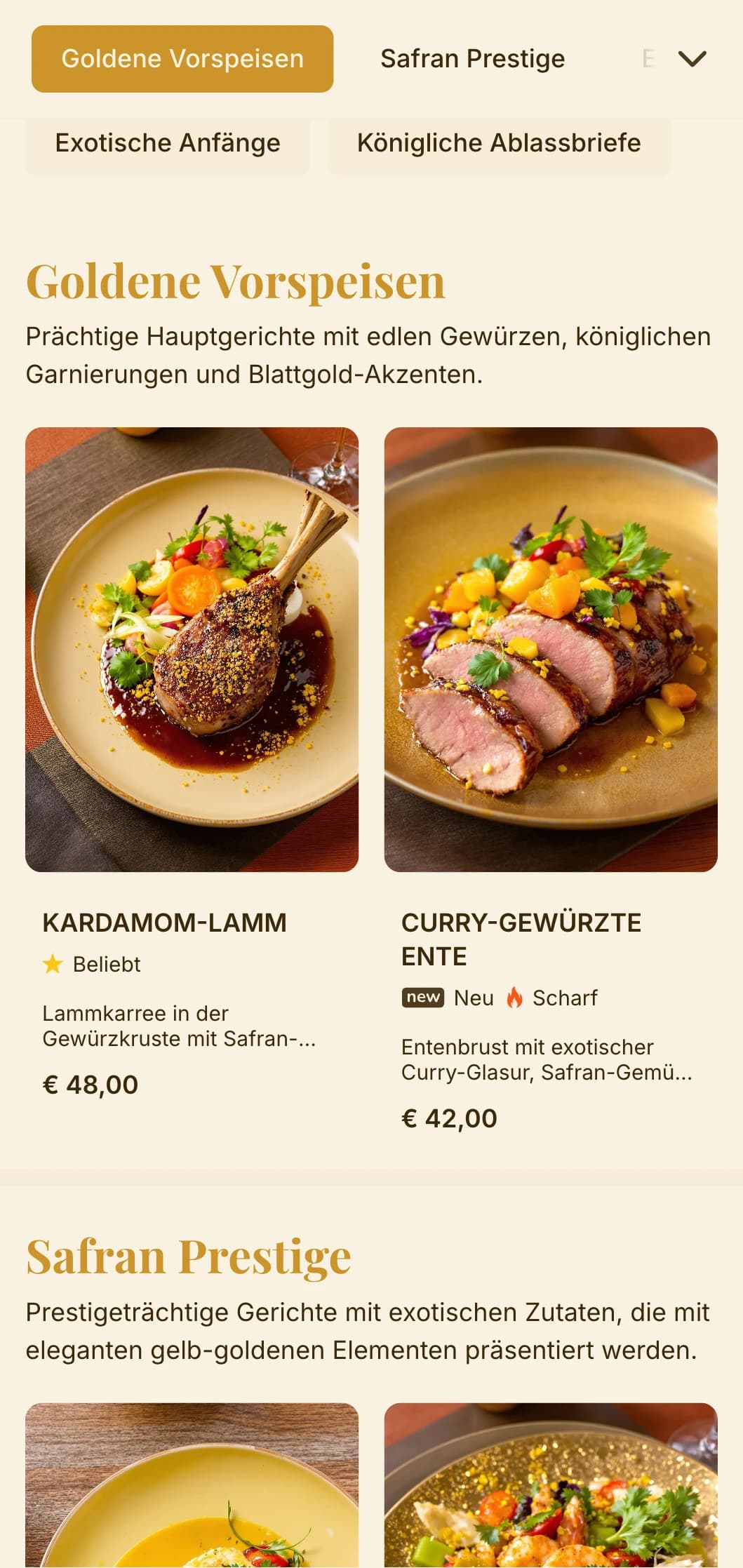 Opulentes Konzept, inspiriert von exotischen Gewürzen und königlichen Speisetraditionen mit reichen Gold- und Safran-Tönen.