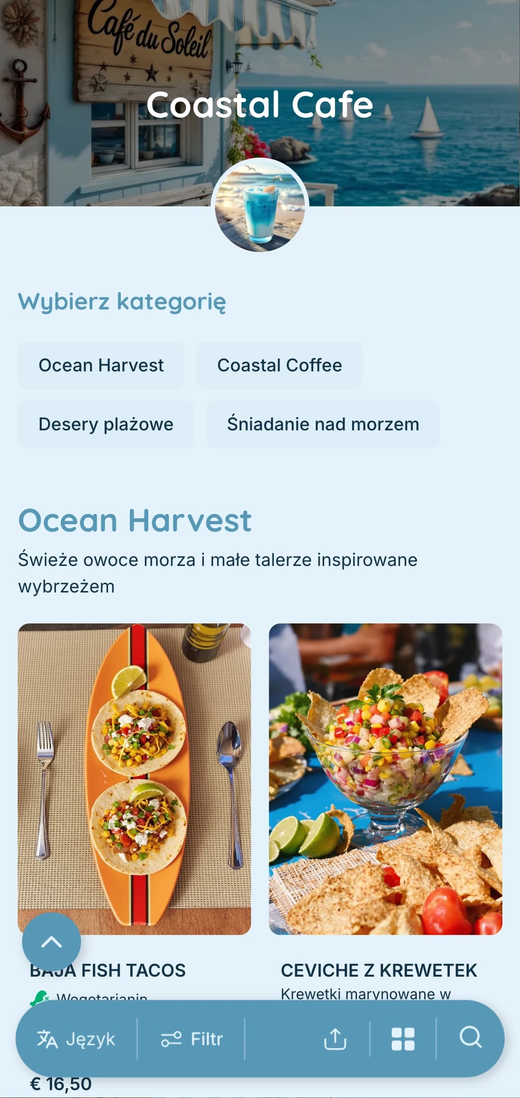 Beztroski niebieski design z nadmorskimi elementami do nadmorskich kawiarni i kawiarni przy plaży.