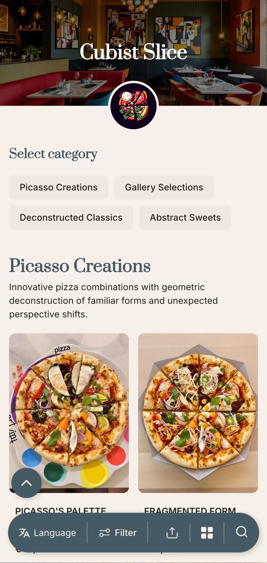 Picasso-inspired pizza menu with abstract geometric elements and artistic layout.