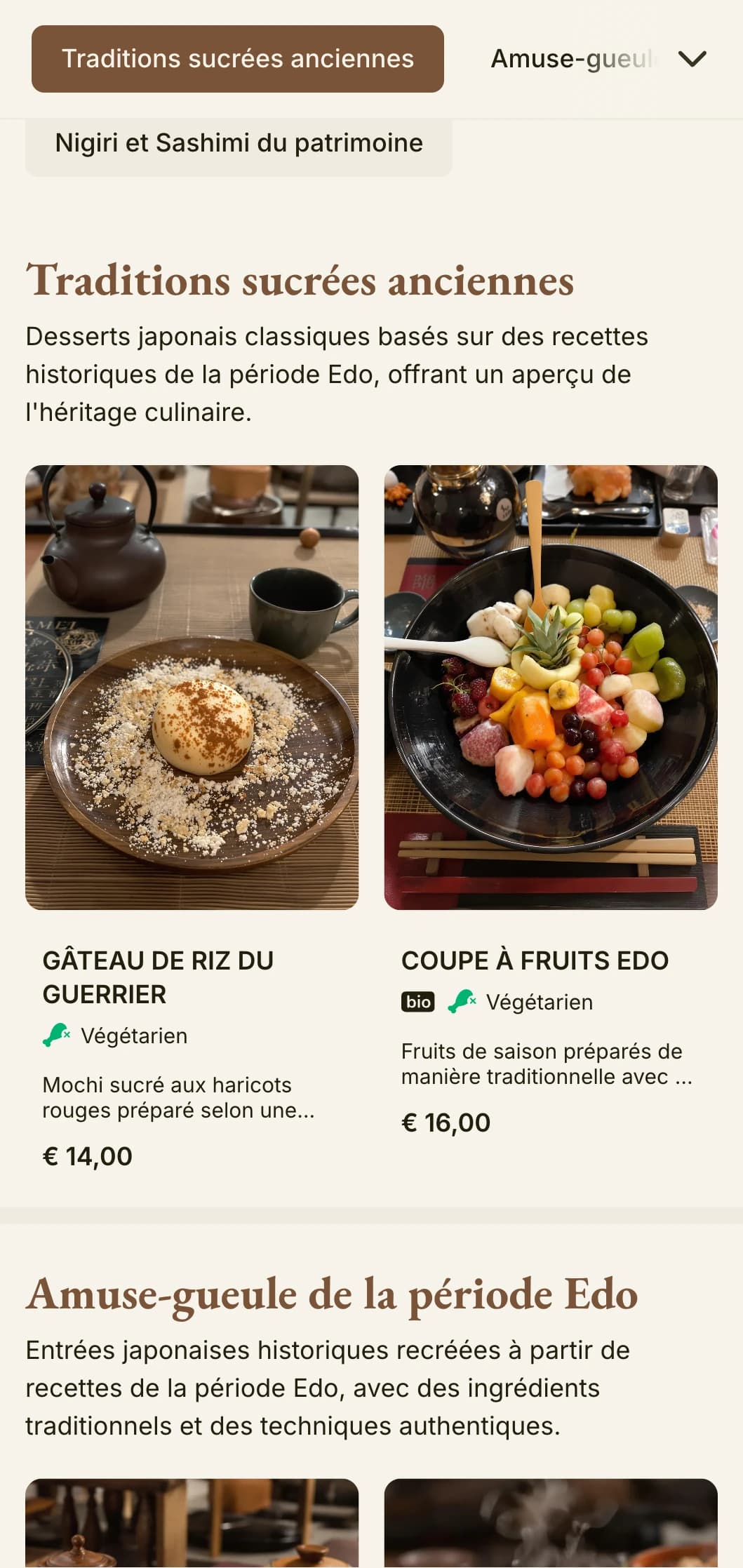 Menu de sushis d'inspiration japonaise historique présentant une esthétique traditionnelle de la période Edo avec une typographie classique.