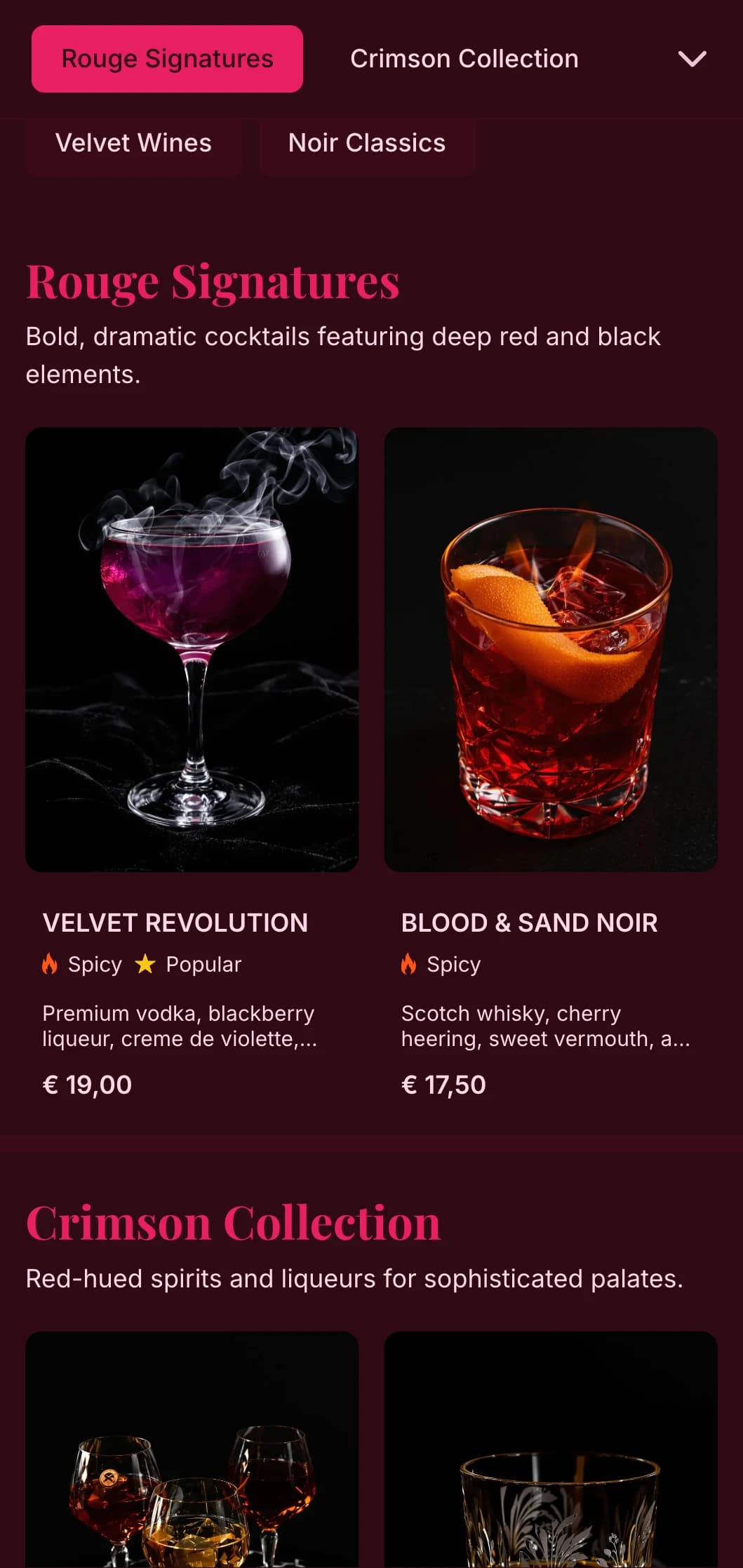 Bold black and red design with luxurious textures for dramatic cocktail experiences.