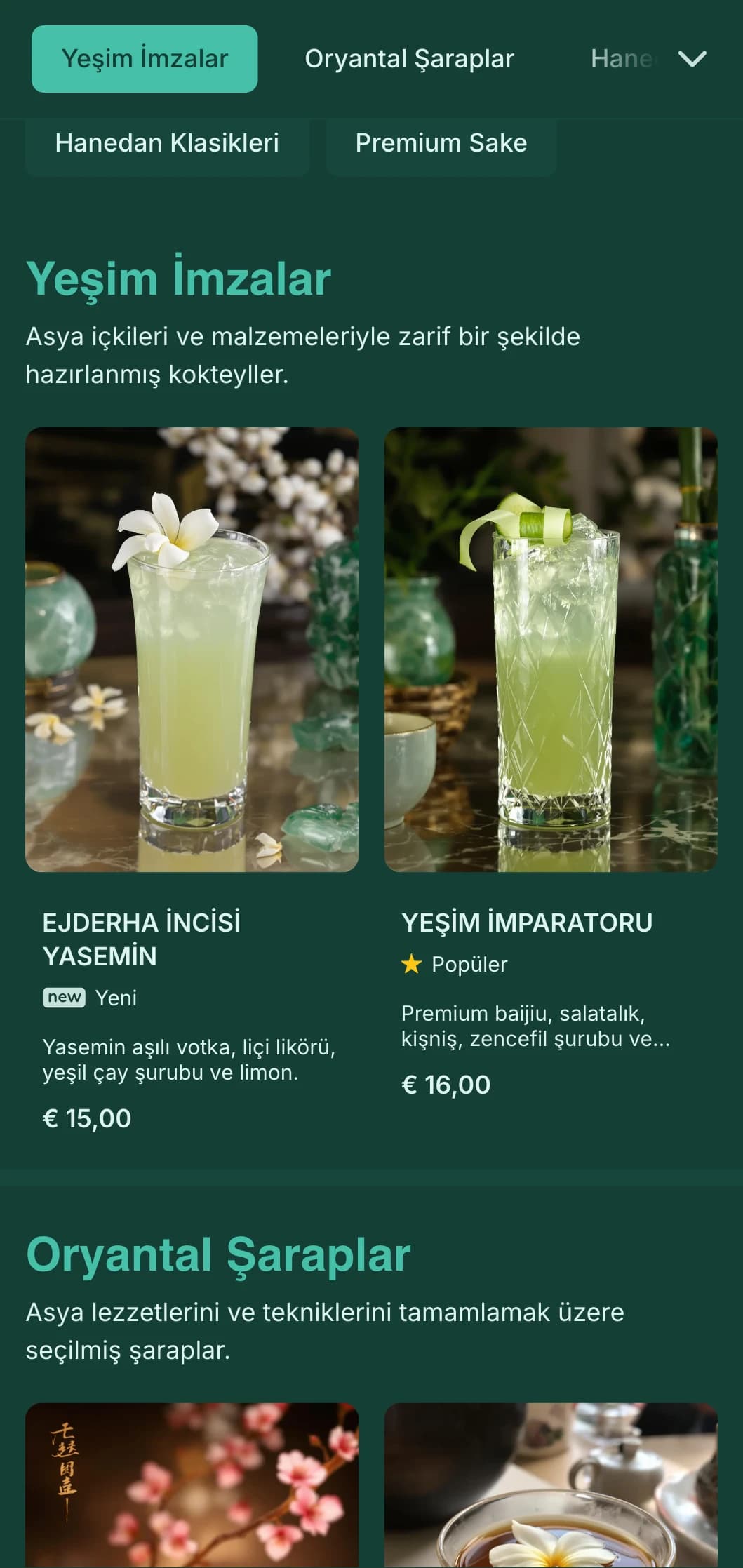 Asya esintili kokteyl salonları için Çin sanatından ilham alan zarif yeşil tasarım.
