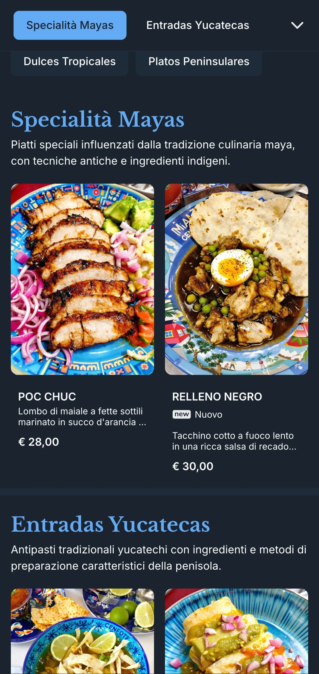 Menù elegante e vivace che presenta la cucina yucateca con accenti blu cenote, influenze maya e ingredienti tropicali.