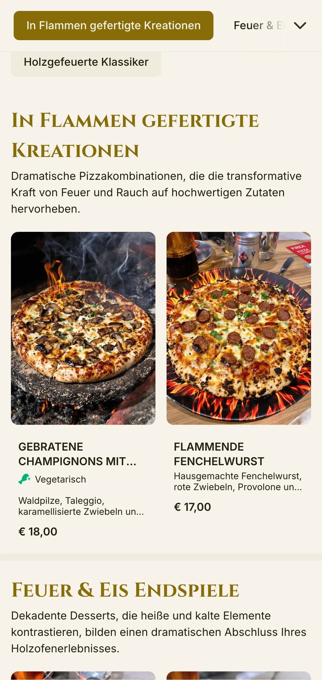 Dramatische Pizzakarte mit kräftigen Farben und fetter Typografie für Holzofen-Spezialisten.